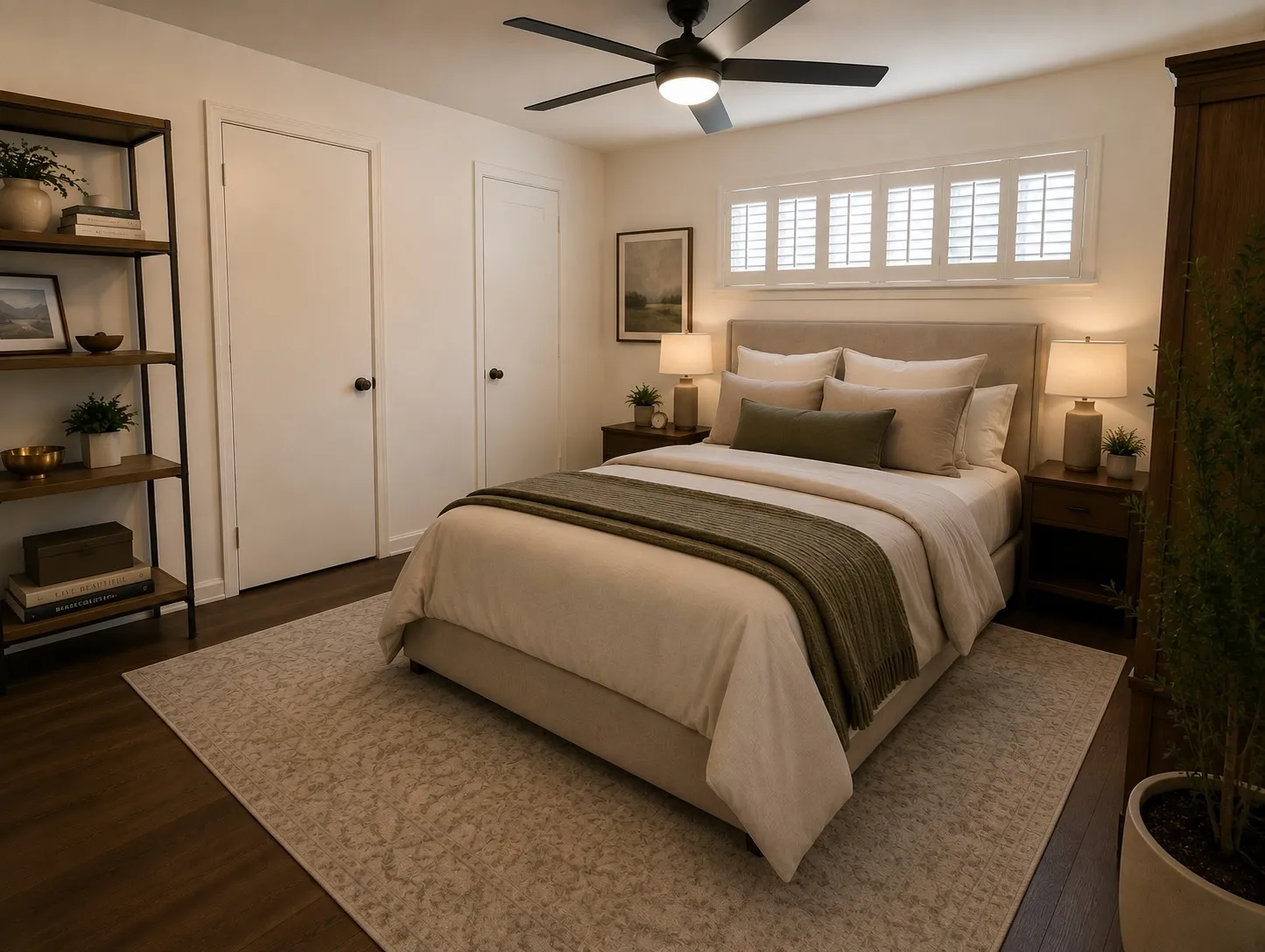 FLEX SPACE / 3RD BEDROOM: Virtually staged to illustrate the room as a third bedroom. Features two closets, real hardwood flooring, plantation shutters and a ceiling fan.