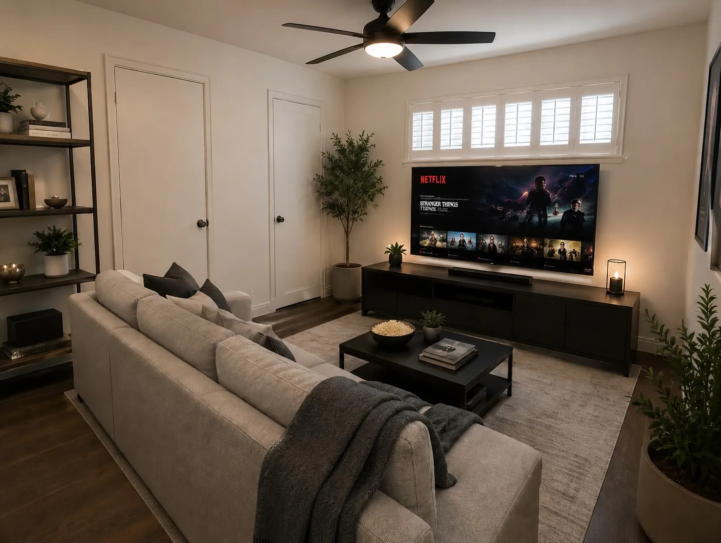 FLEX SPACE / MEDIA ROOM: Virtually staged to illustrate another use for this versatile room. Also shown as an office and third bedroom.