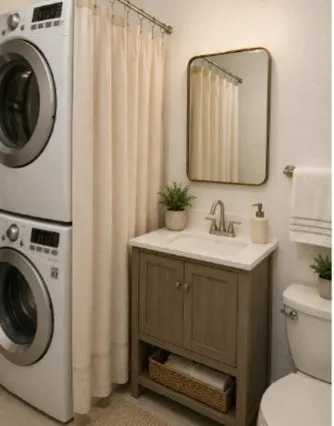 GUEST BATH & LAUNDRY: A thoughtfully designed space combines everyday convenience with functionality, featuring a vanity with ample storage, mirror, and a full-size bathtub/shower. The full-size stacked washer and dryer make laundry convenient without sacrificing valuable living space. Virtually staged as updated.