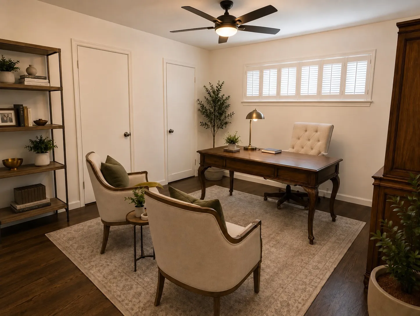 FLEX SPACE / OFFICE: Virtually staged to showcase the versatility of this room. Also shown as a media room and third bedroom, with two closets, real hardwood flooring, plantation shutters and a ceiling fan.