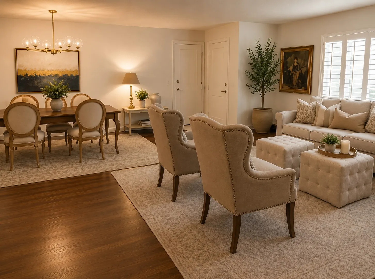 OPEN LIVING & DINING: Spacious living and dining areas flow together beautifully, highlighted by rich hardwood floors, plantation shutters and abundant natural light. Generous seating and dining spaces provide plenty of room for everyday living and entertaining, while the updated gold-and-glass chandelier adds a fresh, sophisticated touch. Virtually staged.