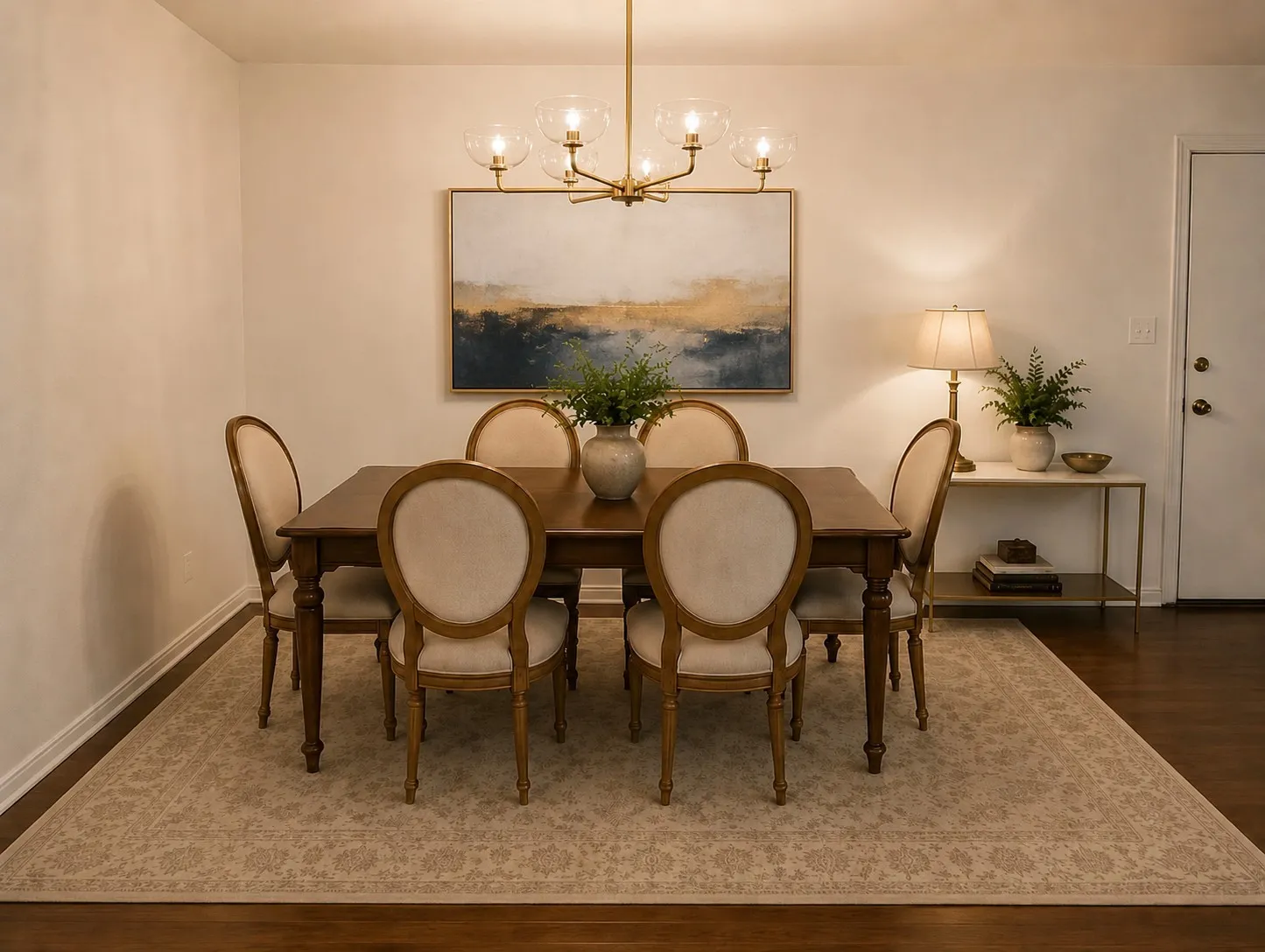 ELEGANT DINING SPACE: A generous dining area comfortably accommodates six with plenty of additional room for a hutch or buffet. Rich hardwood flooring and a modern gold-and-glass chandelier create a warm, sophisticated setting for everyday dining and entertaining.  Virtually staged.