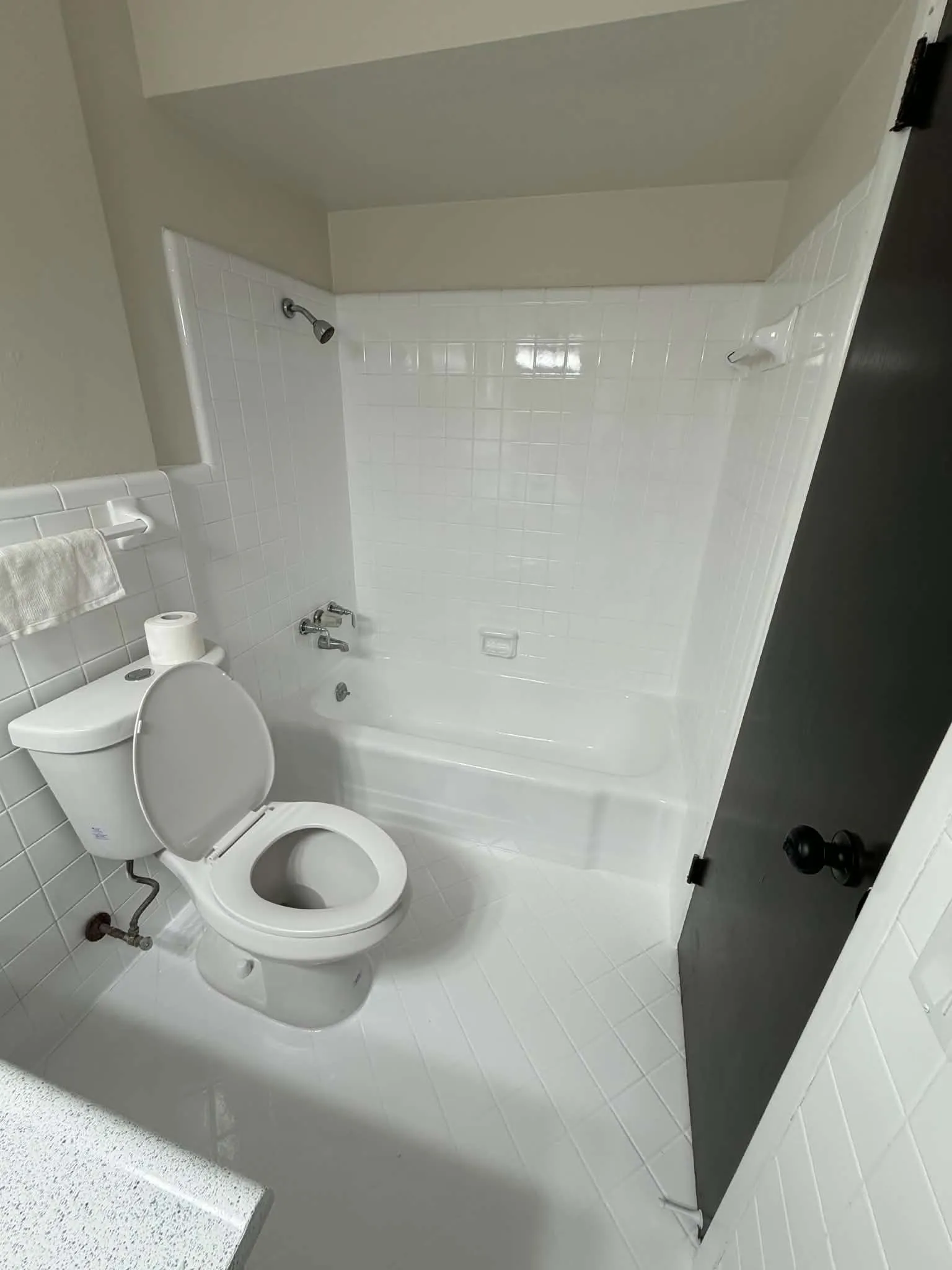 White tiled shower with tub, white toilet, and dark-colored door
