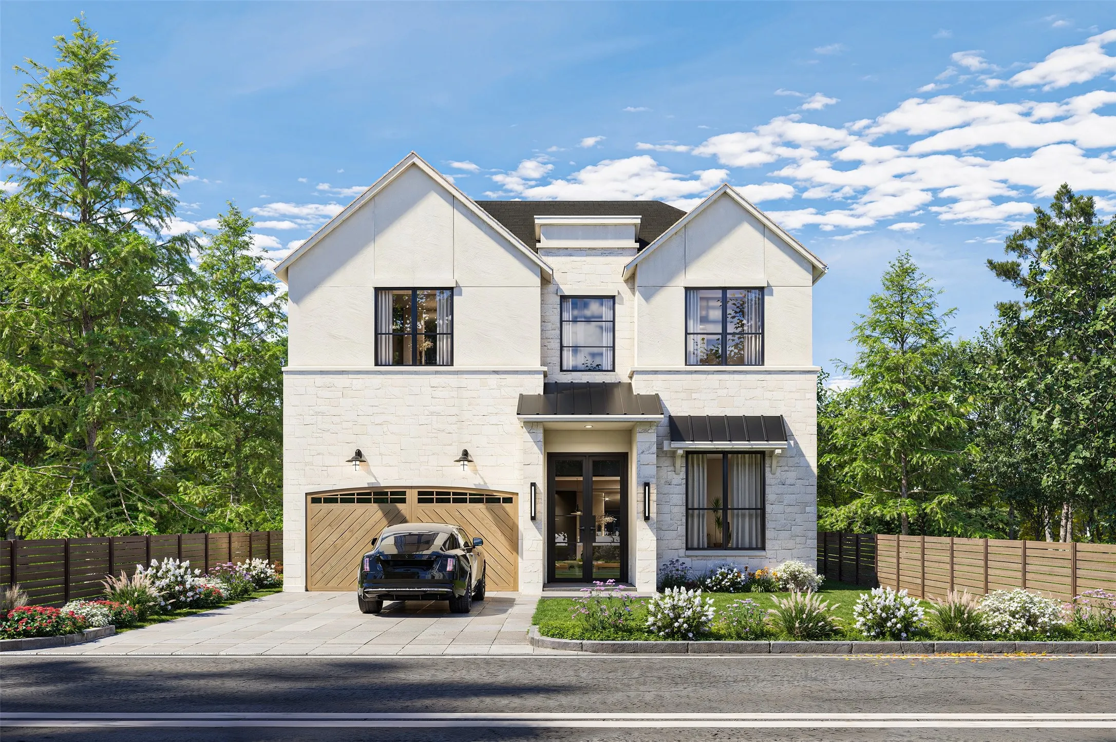 Contemporary exterior with a white stone facade and dark trim windows