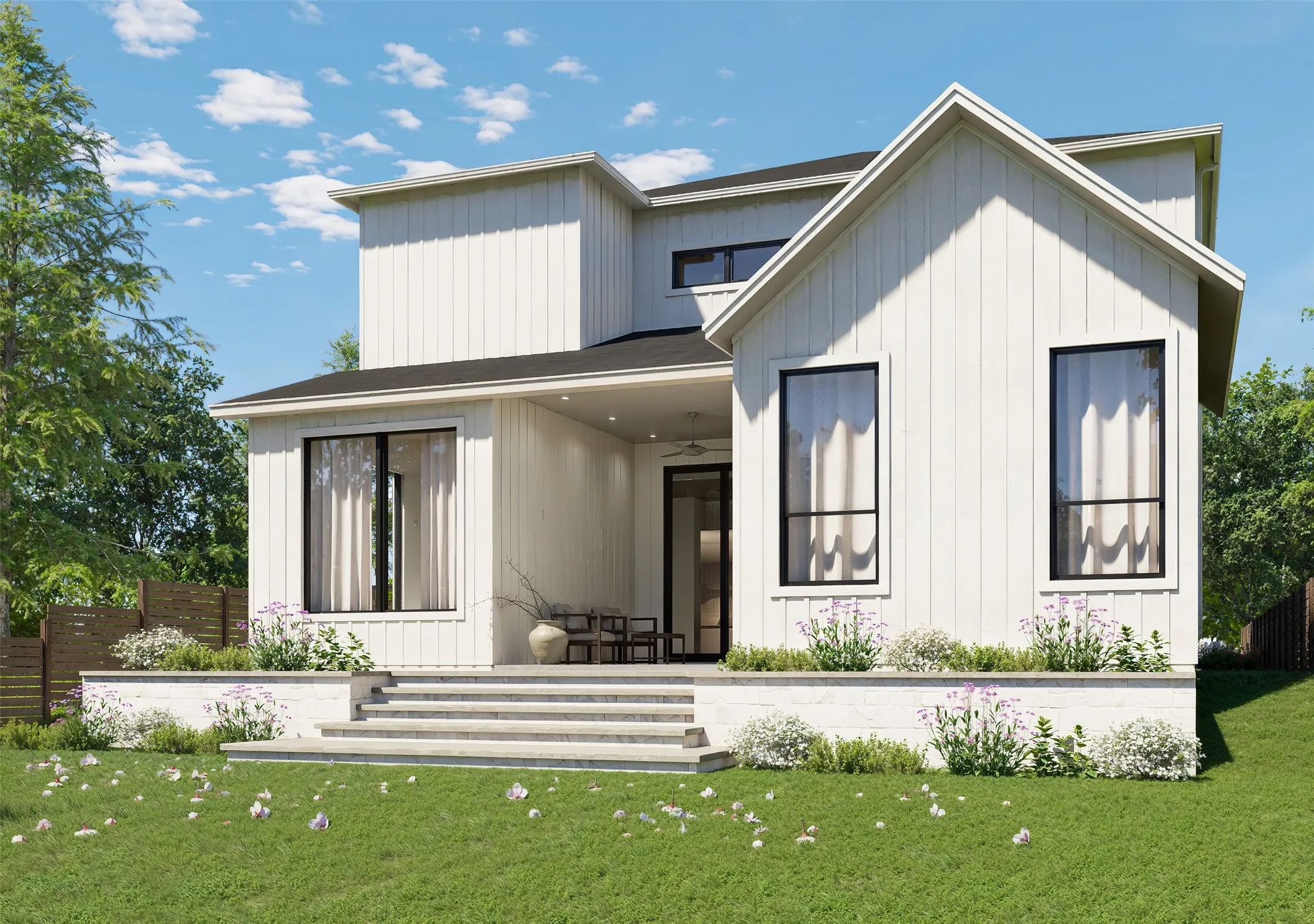 Modern white vertical siding exterior with black framed windows, a covered patio, and tiered hardscaping