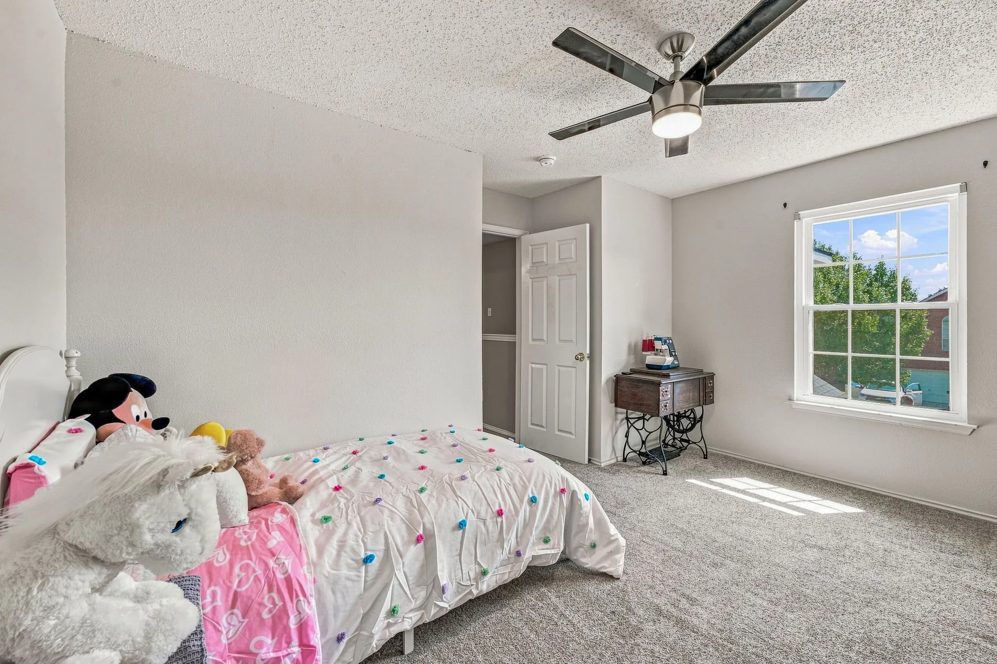 Light gray textured carpeting, white painted walls, and a multi-pane window