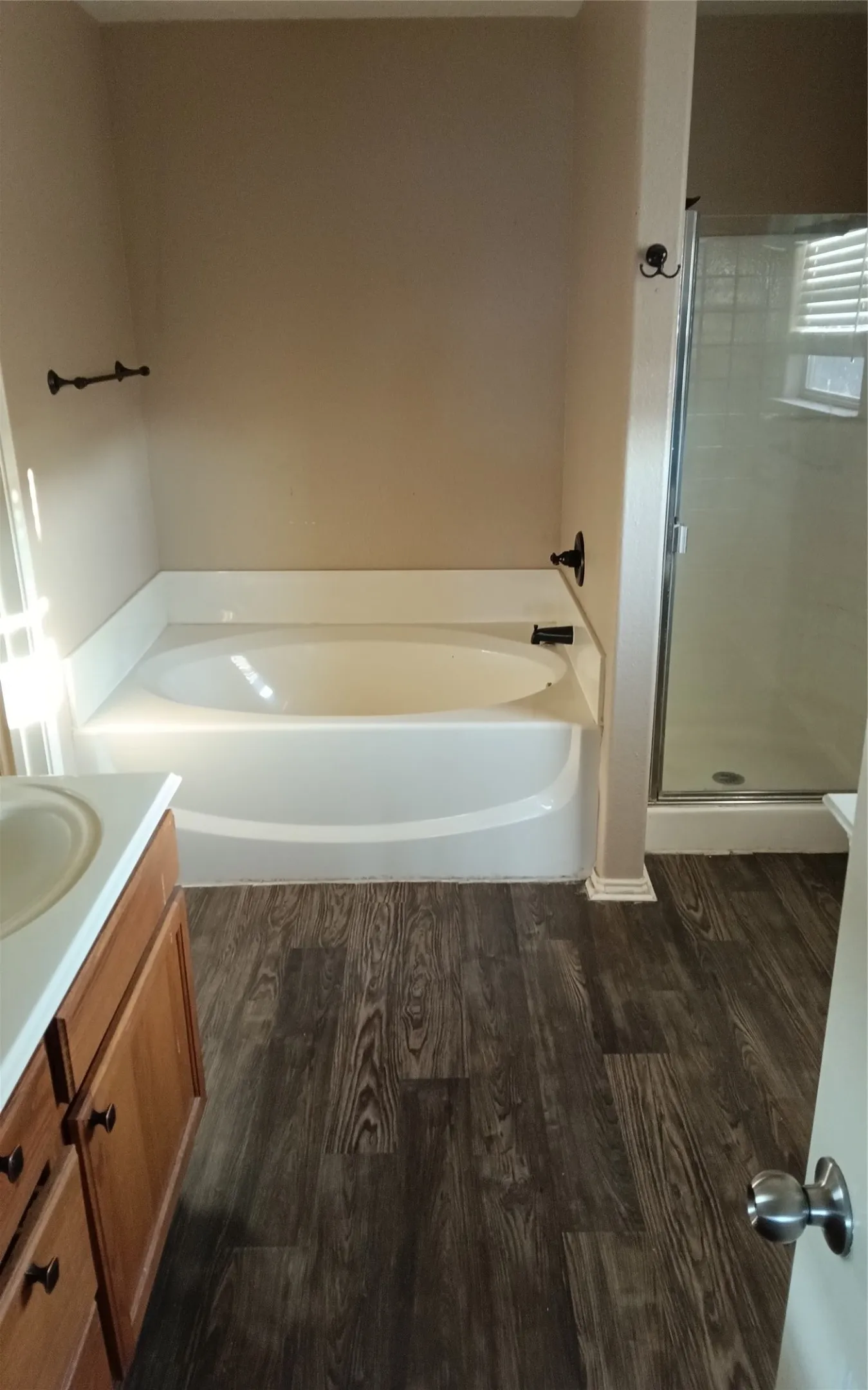 Primary Bathroom featuring a curved soaking tub with integrated surround, wood-finish plank flooring, dual vanity with cabinetry, and a frameless glass walk-in shower enclosure with tile surround