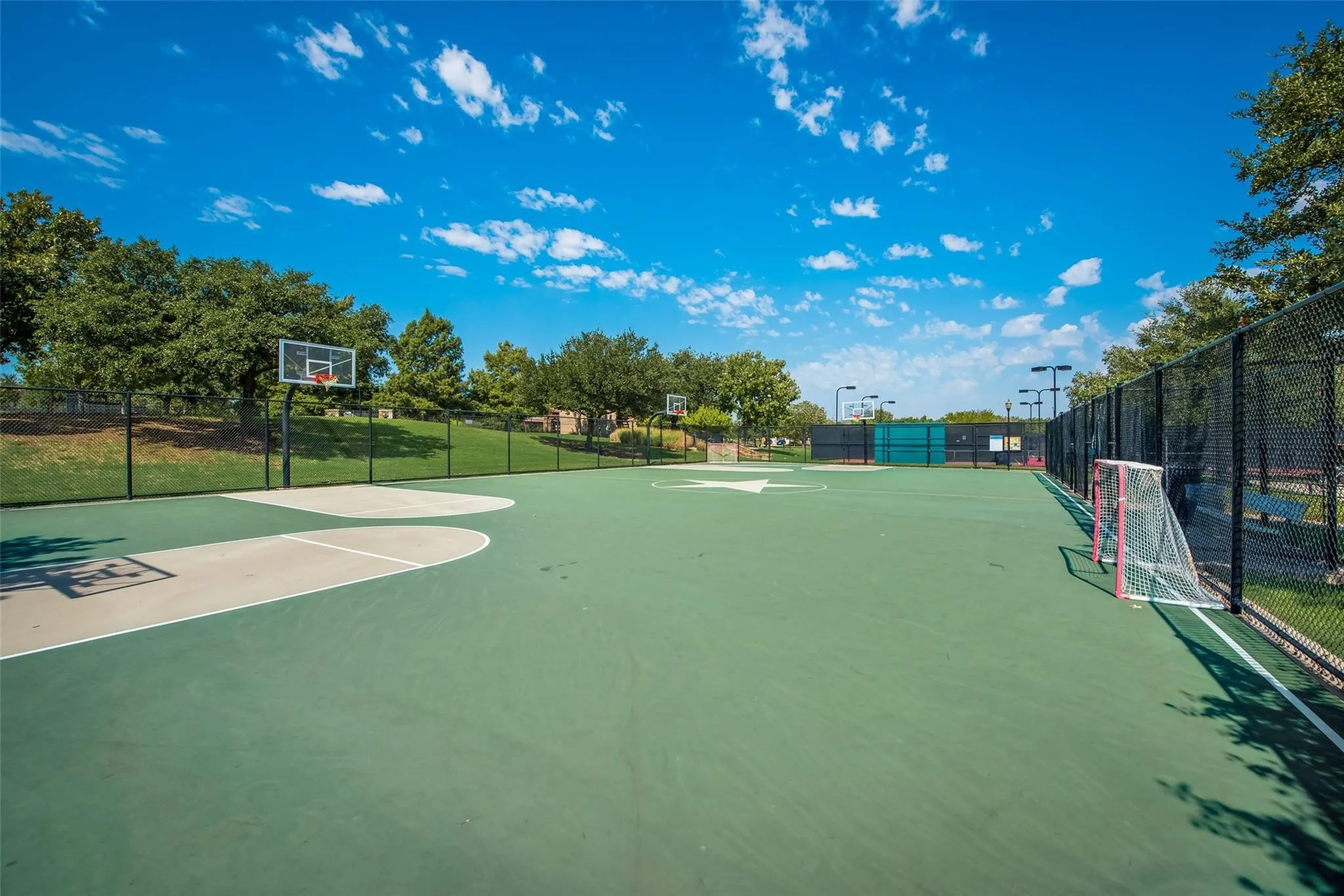 Multi-sport court with basketball hoops, hockey goal, and perimeter fencing
