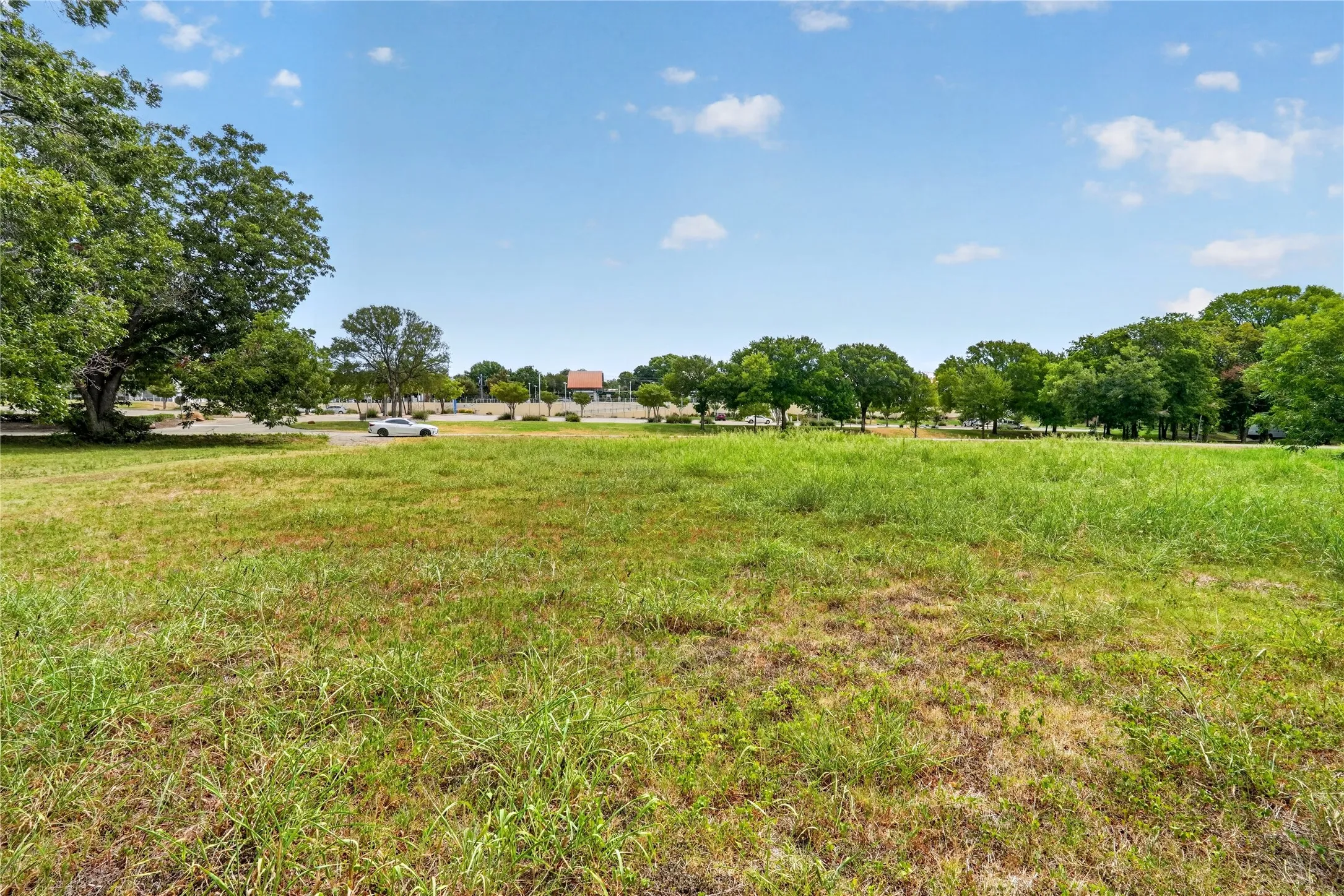 Expansive grassy lot with surrounding mature trees and clear blue sky