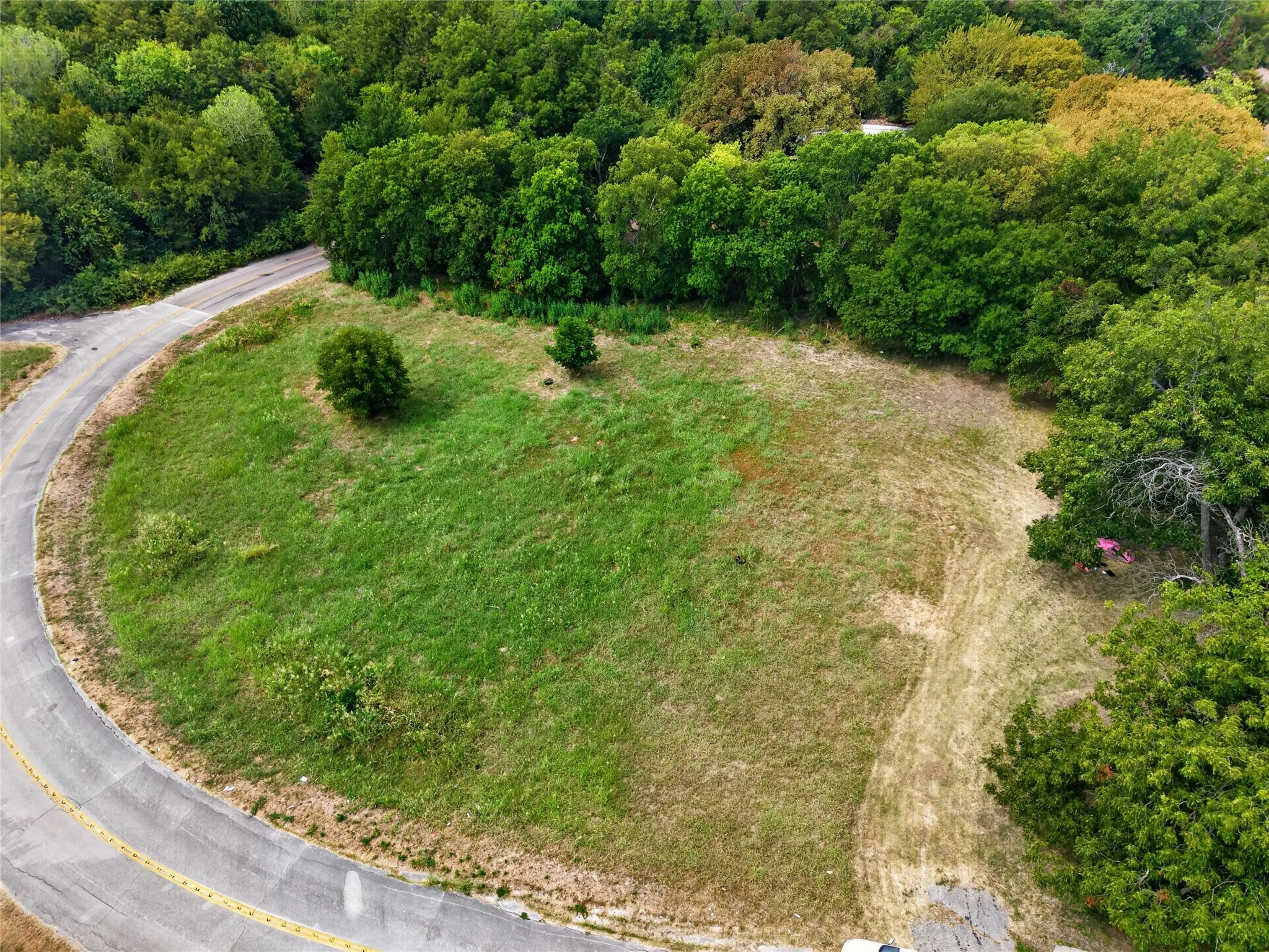 Curved paved road frontage, expansive grassy lot, and surrounding mature trees