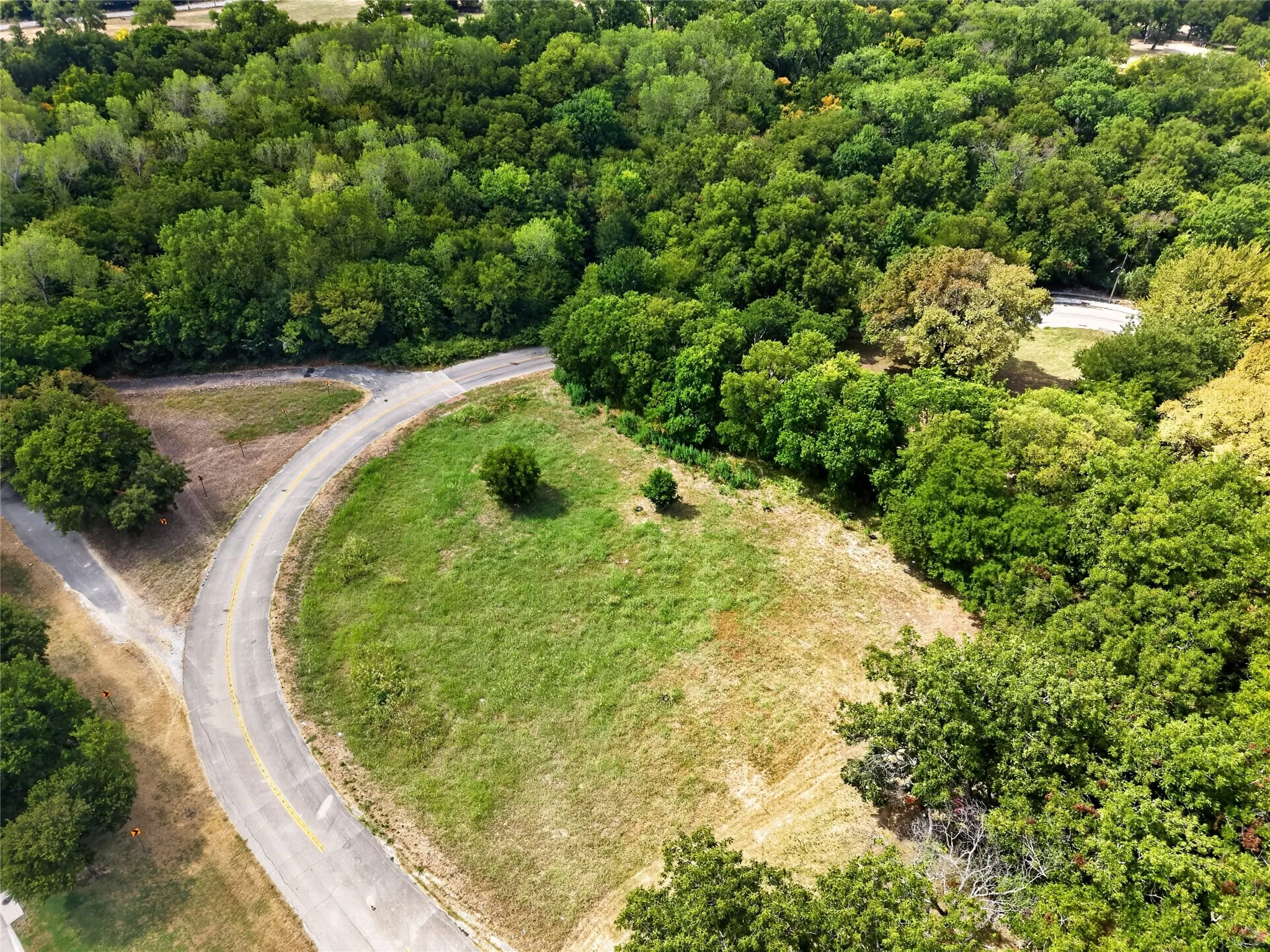 Paved roadway with a yellow stripe, surrounded by a natural landscape of mature trees and open grassy areas