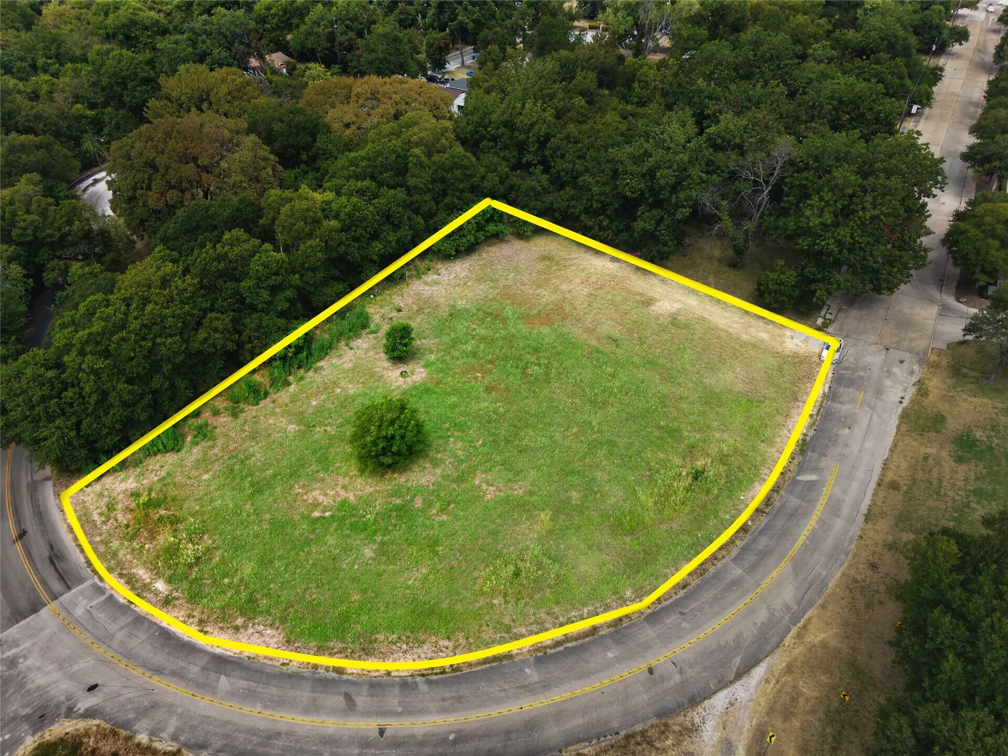 Expansive lot with lush green grass, mature trees, and paved road frontage