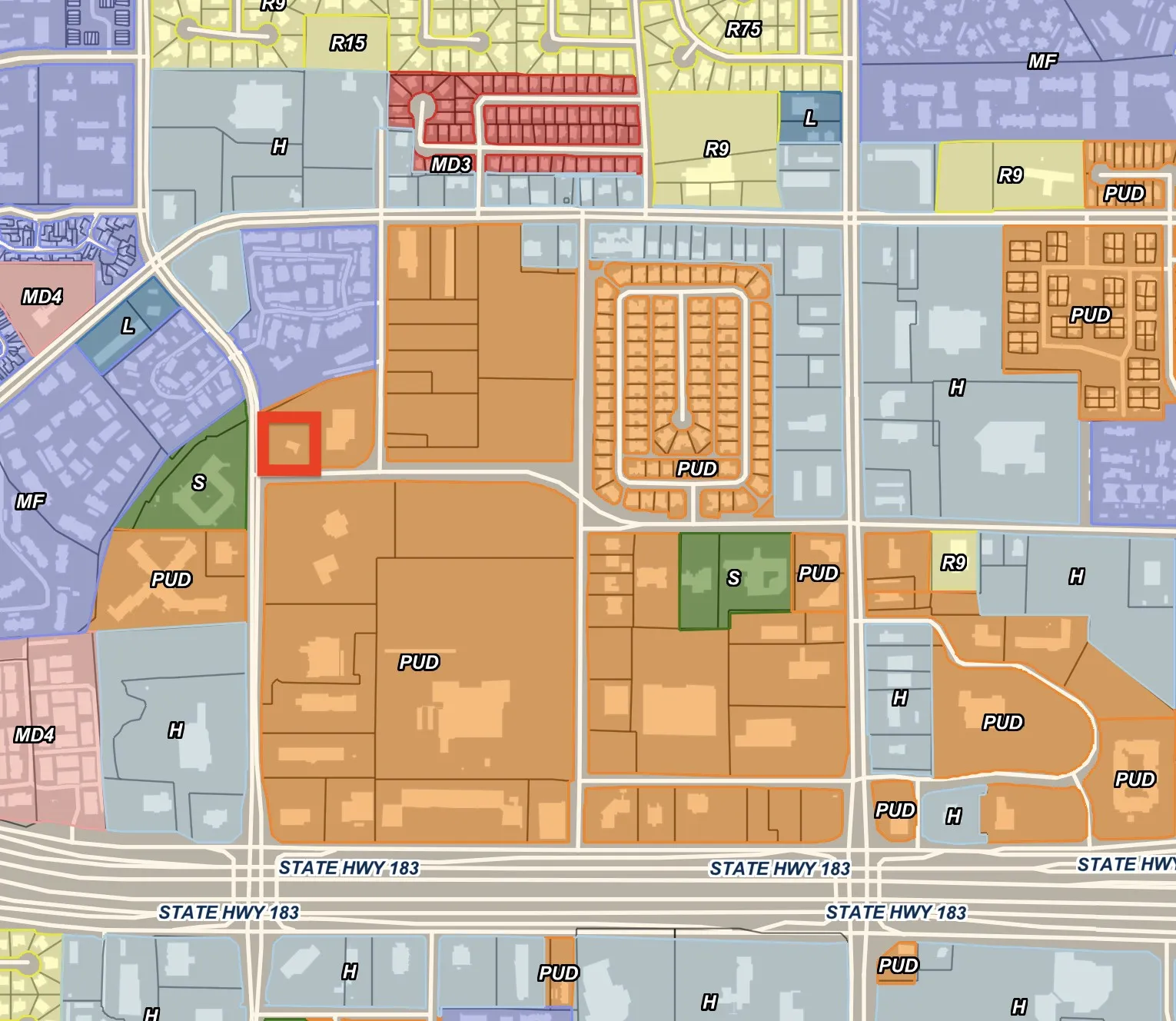 Zoning Map, Area Overview. Illustrating land use classifications and designations for the property