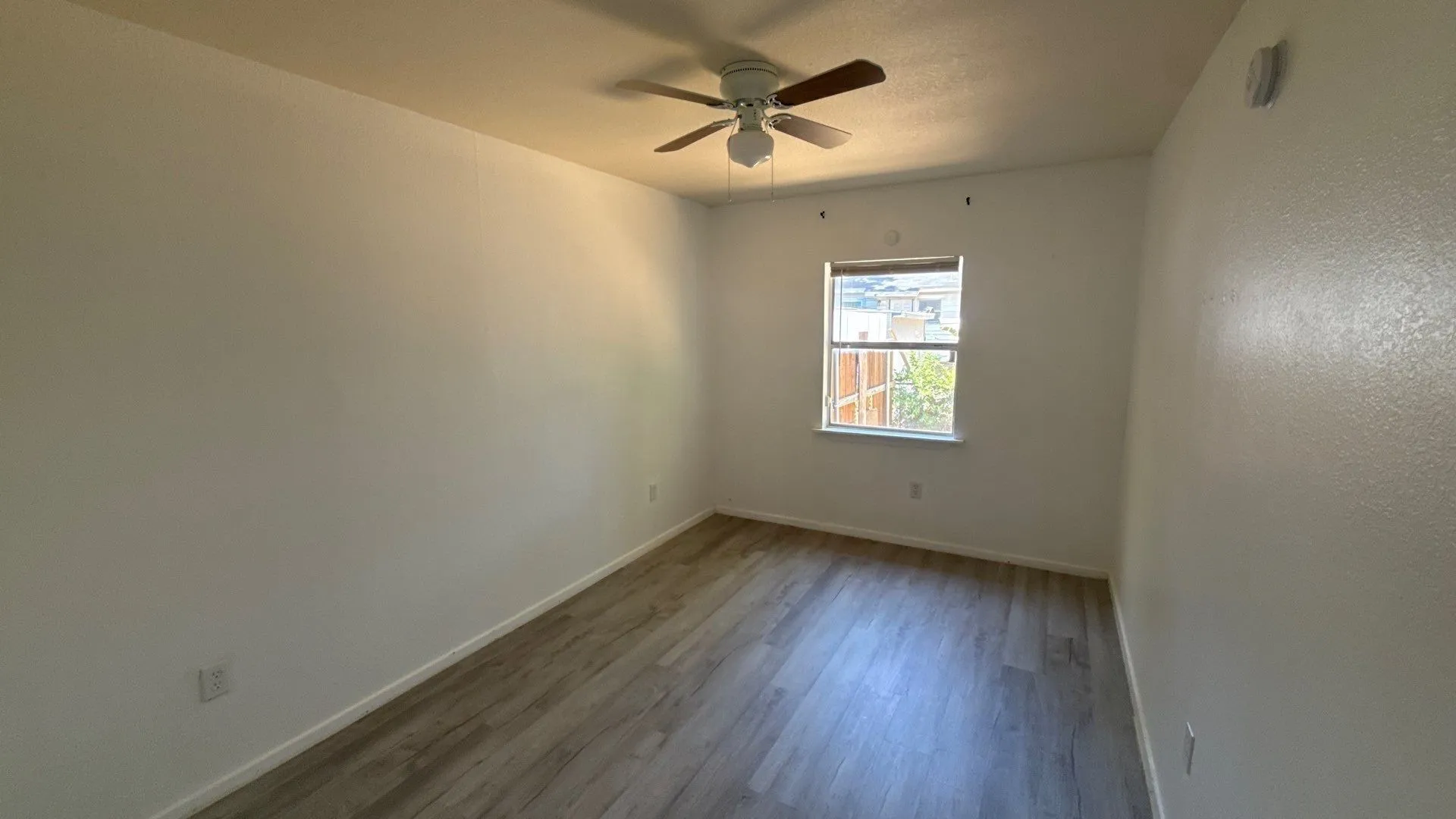 Wood-finish flooring, ceiling fan, and a window with a white frame
