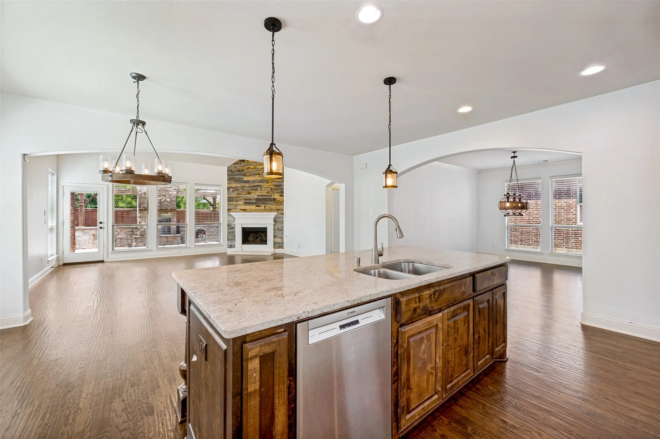 View of the living room from the back of the kitchen island