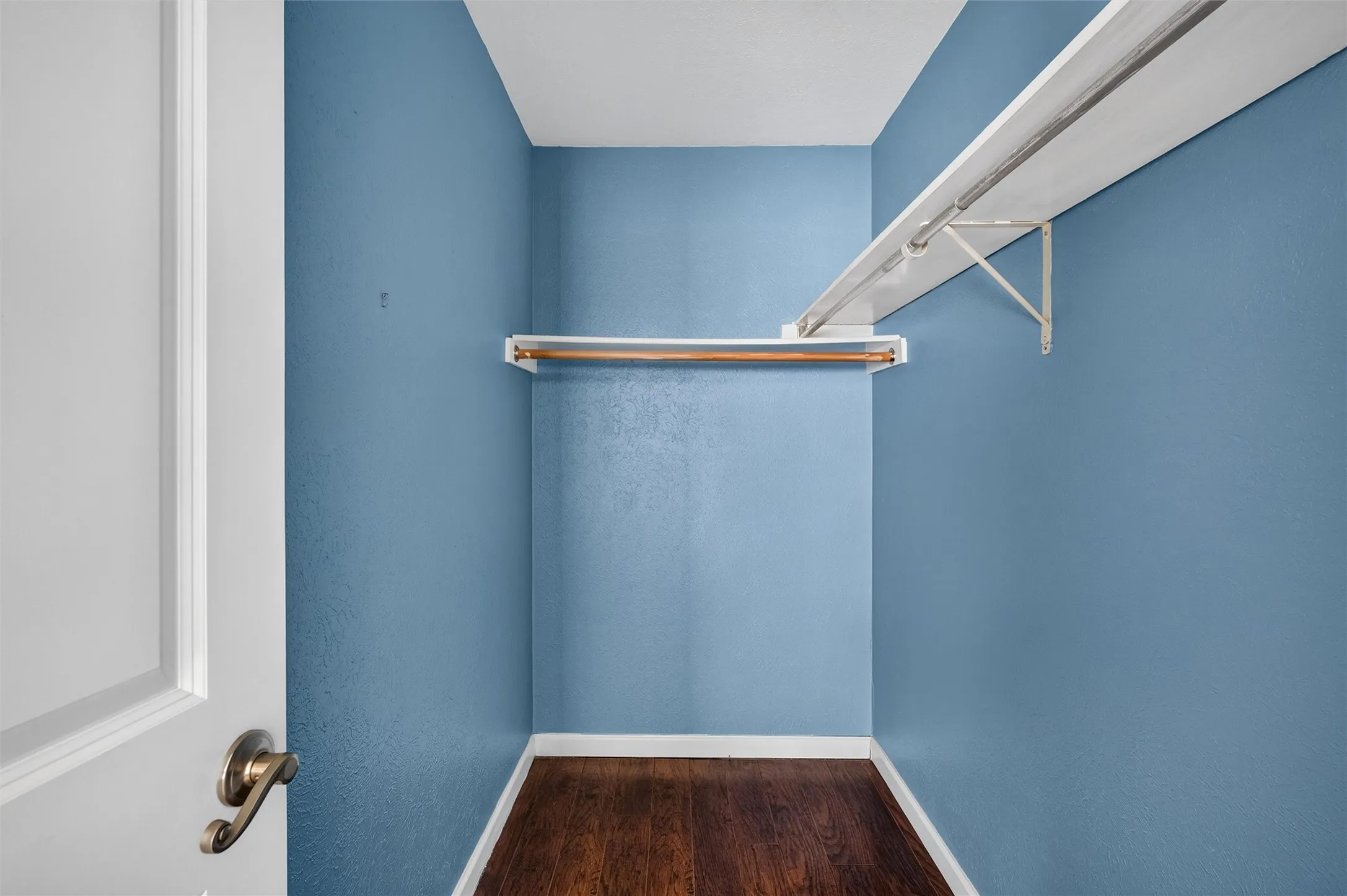 Closet space featuring wood-finish flooring and integrated shelving with a hanging rod