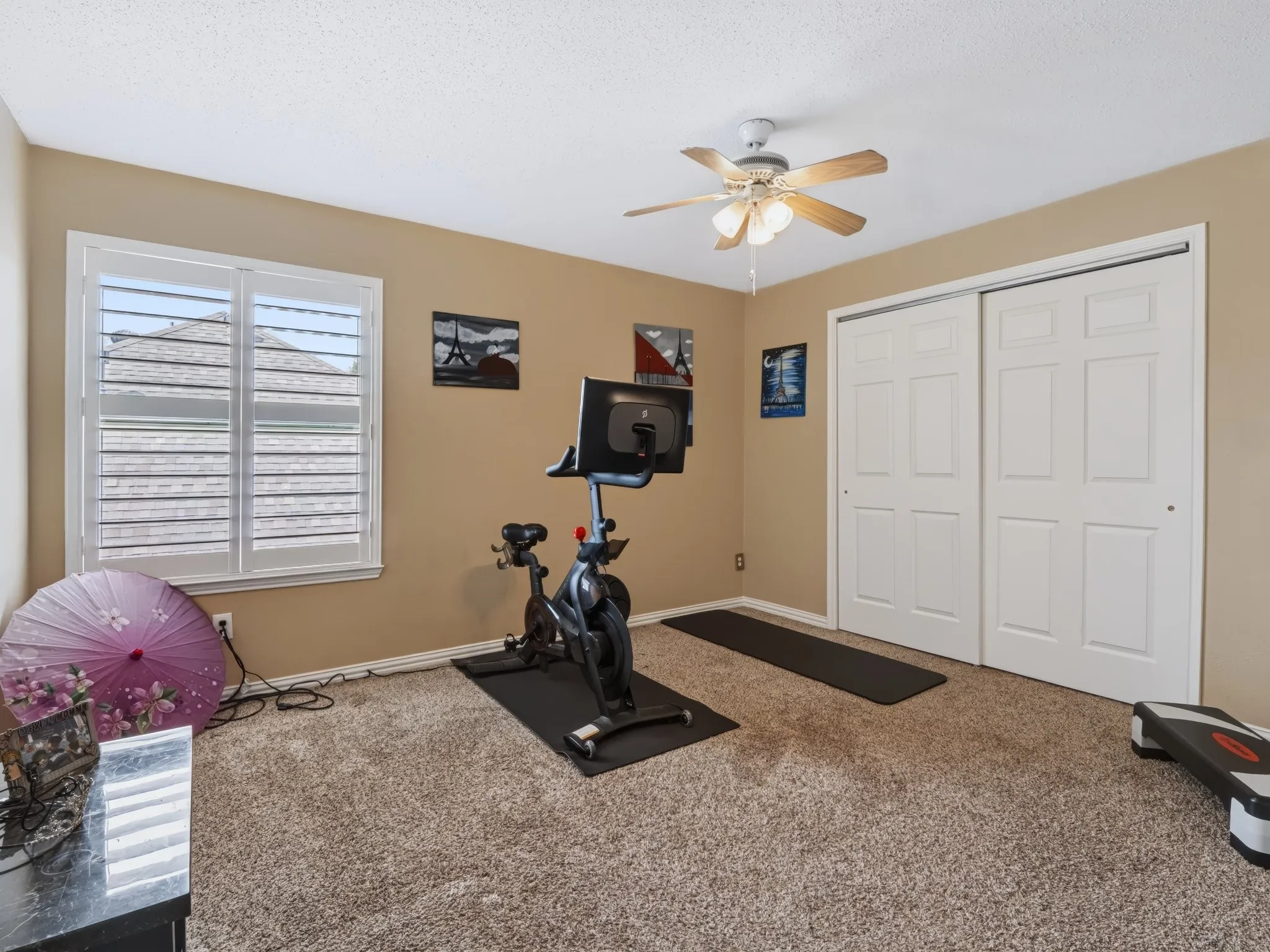 Plantation shutters, ceiling fan with light, and carpeted flooring