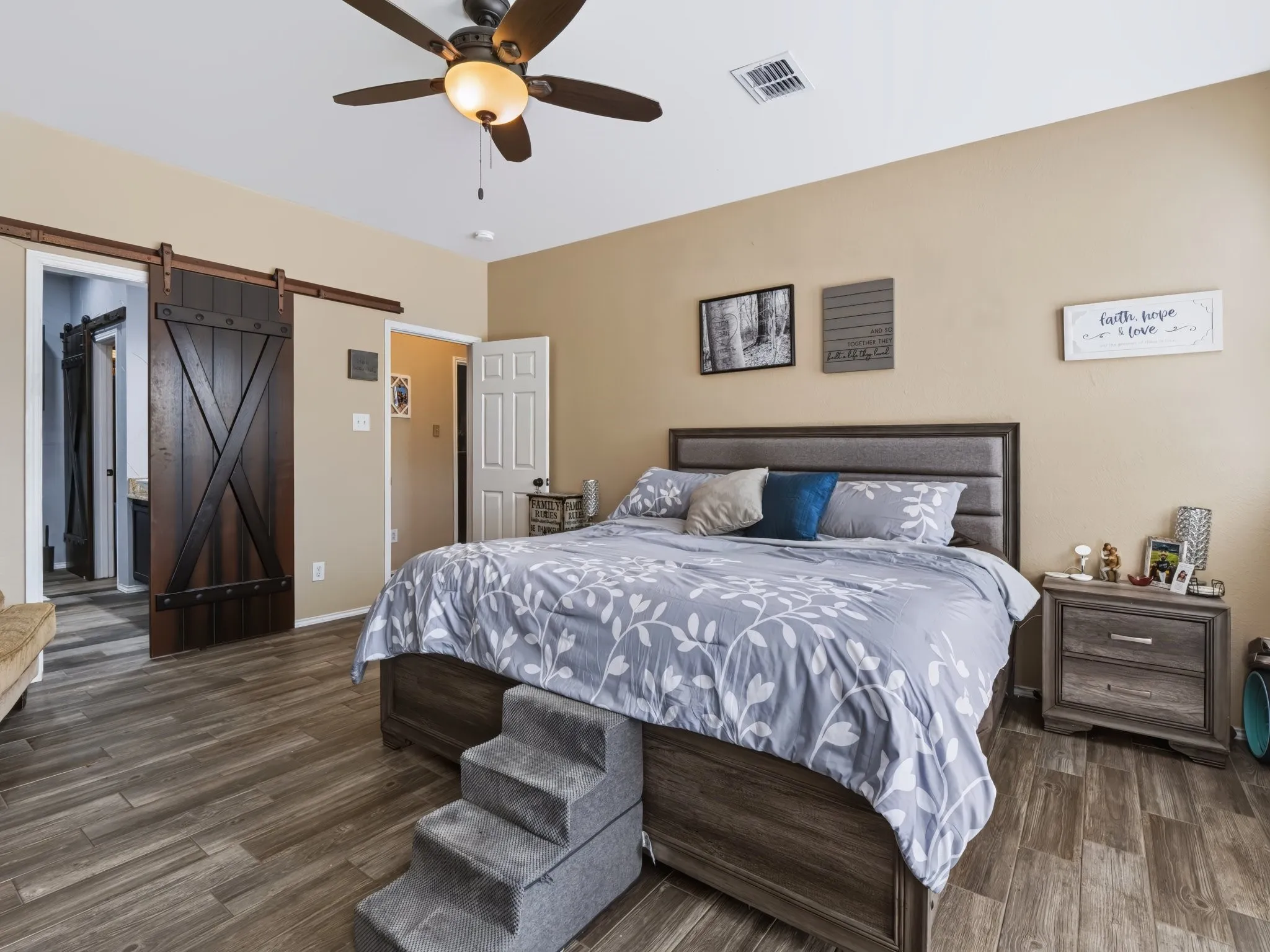 Wood-finish plank flooring throughout