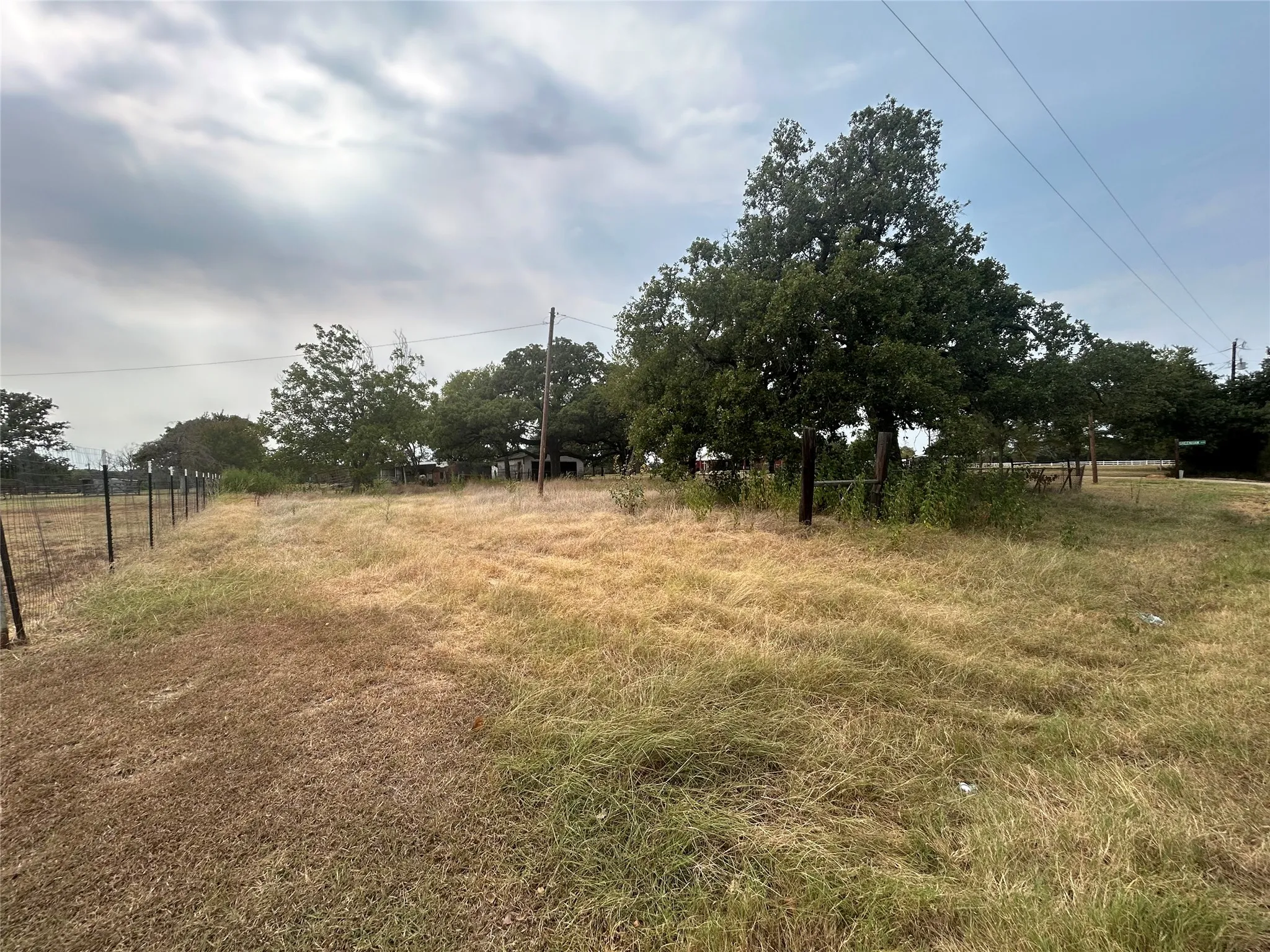 Expansive lot featuring a wire fence, mature trees, and natural grassland
