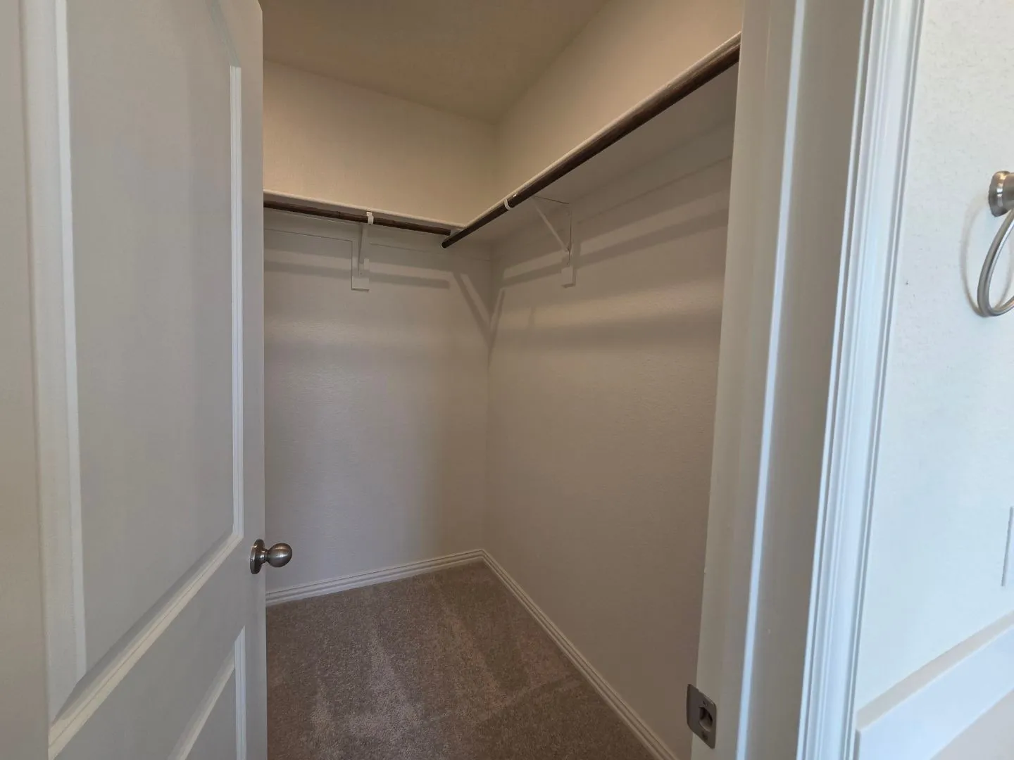 Walk-in closet with carpet flooring, white painted walls, and an upper hanging rod with shelving