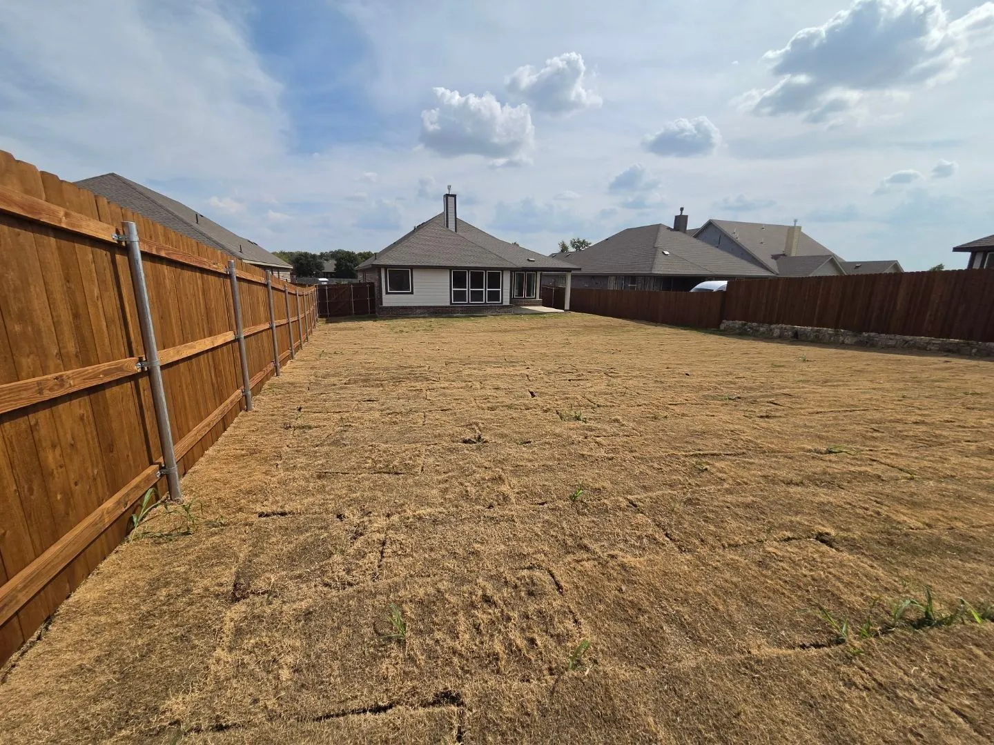Expansive backyard space with a newly installed wood fence