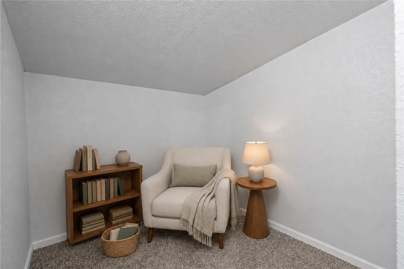 Carpeted room with a sloped ceiling and light-colored walls