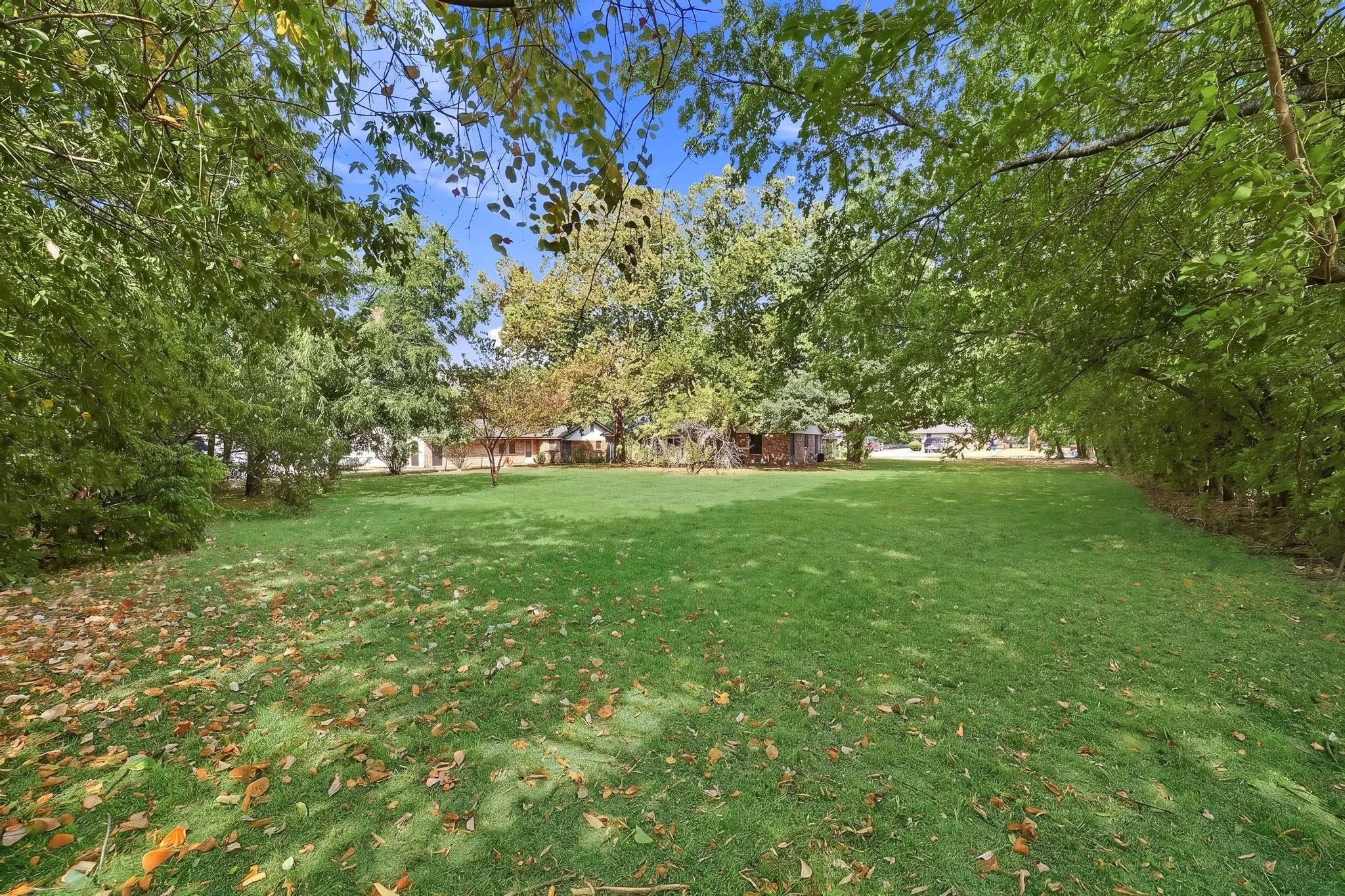 Expansive green lawn with mature perimeter trees