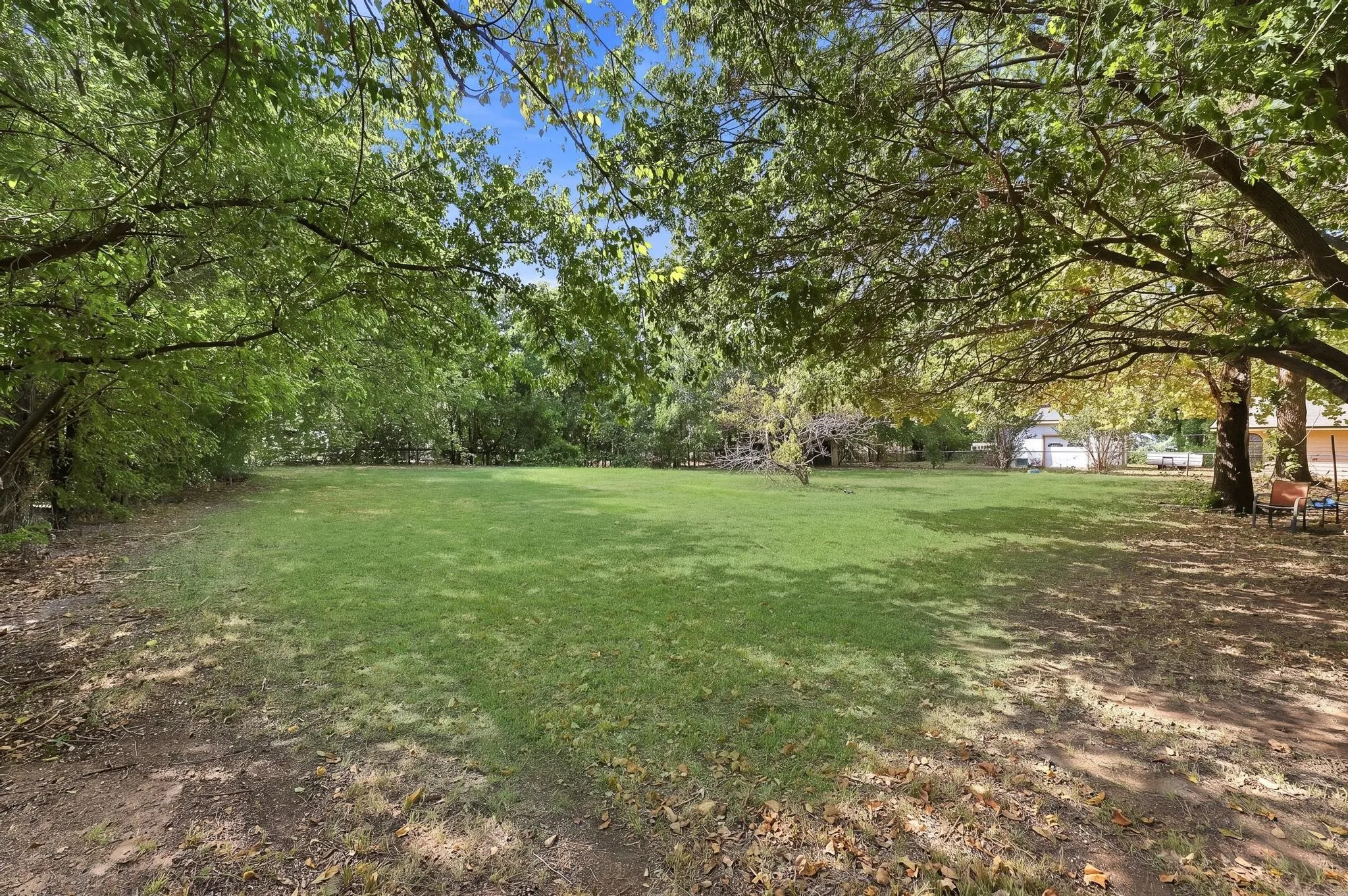 Expansive green lawn surrounded by mature trees