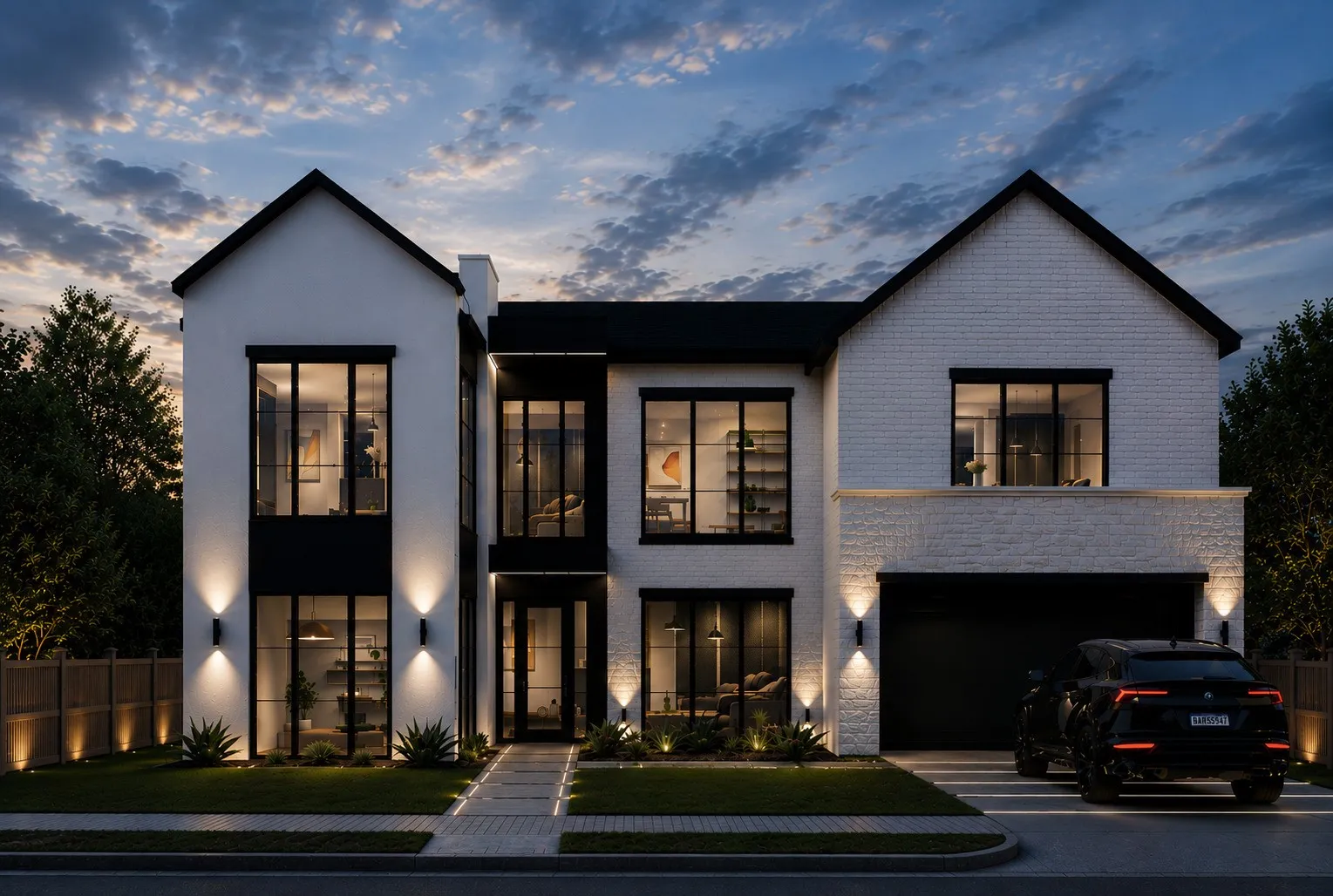 Modern two-story residence with a black gabled roof and white exterior siding