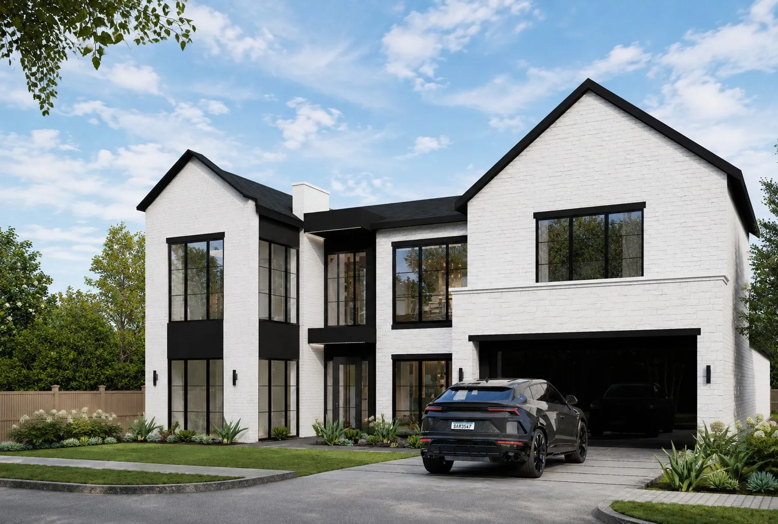 Modern architectural design featuring a white brick exterior, black-framed windows, a two-car garage, and established landscaping