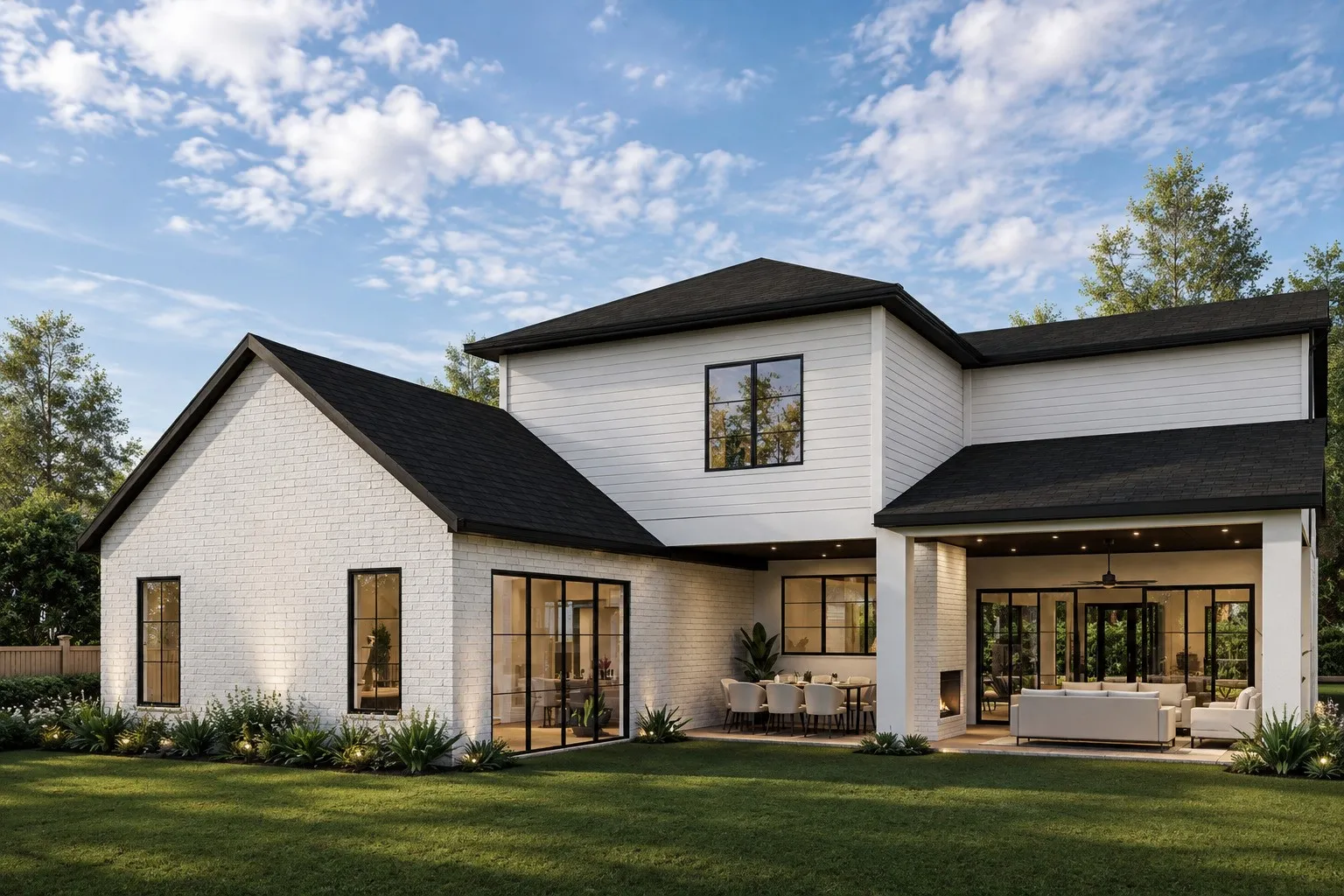 White brick and siding exterior with black framed windows, a covered patio, and a built-in outdoor fireplace