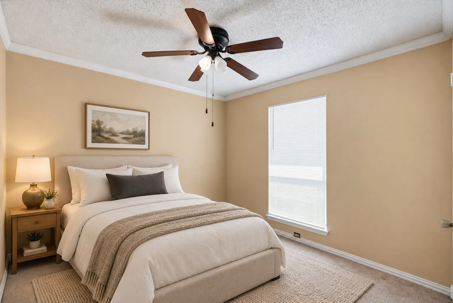 Recessed window with blinds, ceiling fan with light fixture, and crown molding