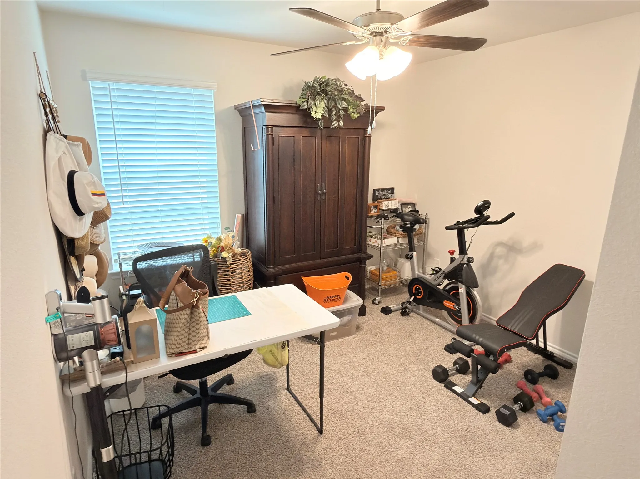 Wall-to-wall carpeting, ceiling fan with integrated lighting, and a window with blinds
