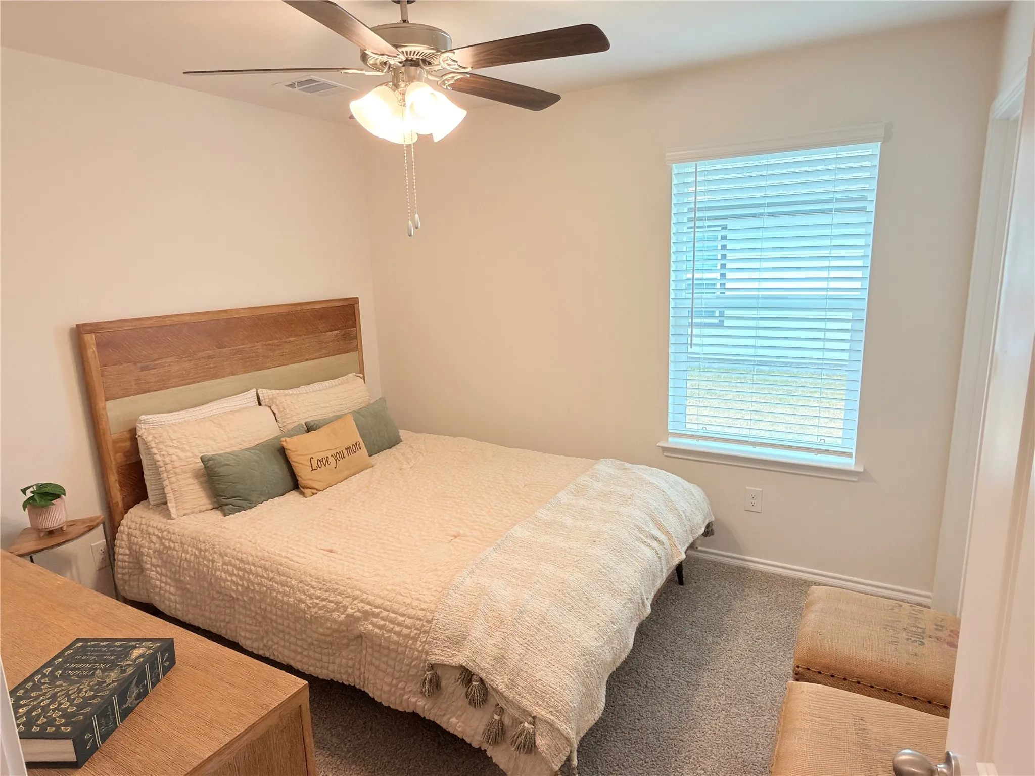 Recessed lighting, ceiling fan with light fixture, window with blinds, and carpeted flooring