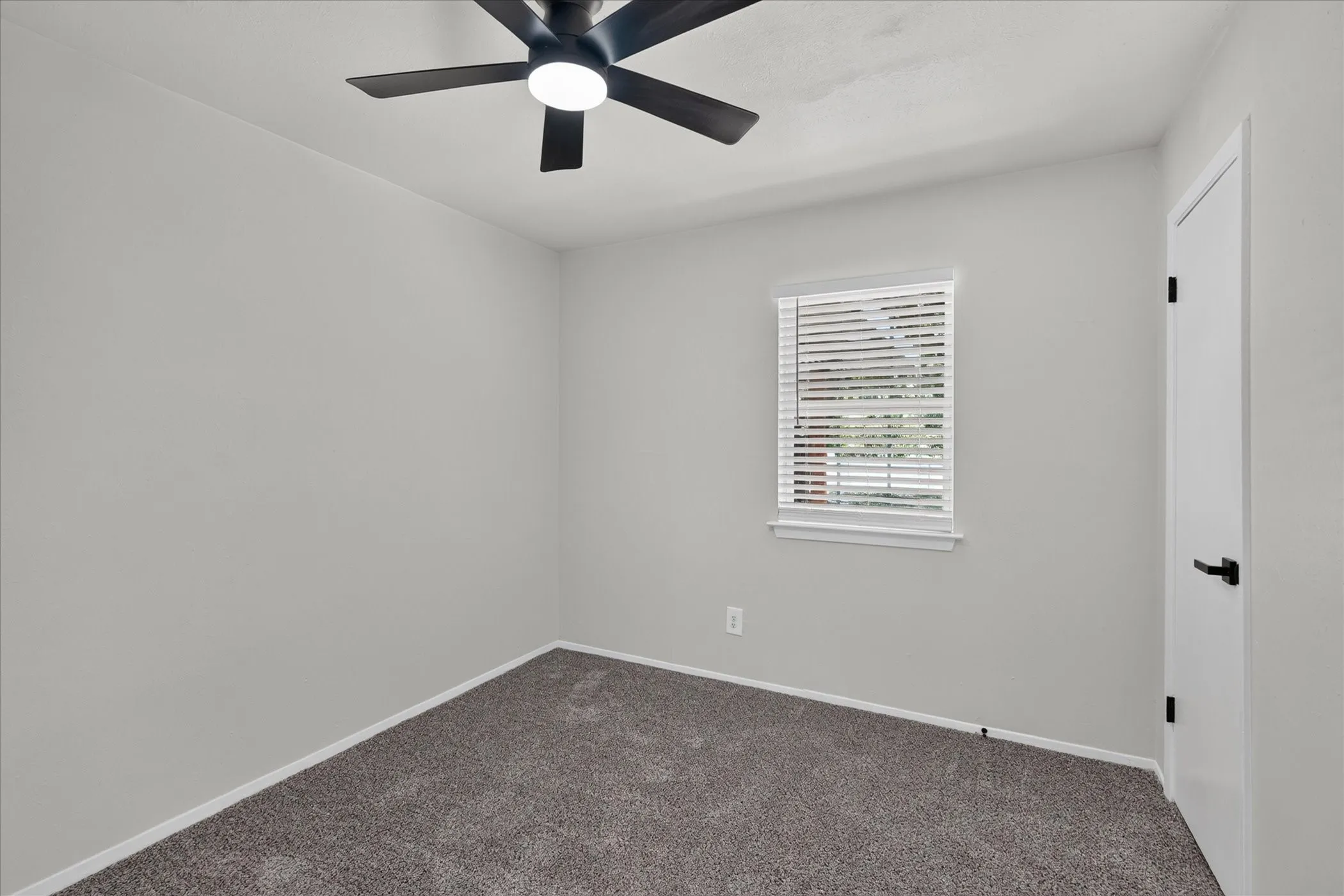 Plush gray carpet, white walls, and a window with white blinds