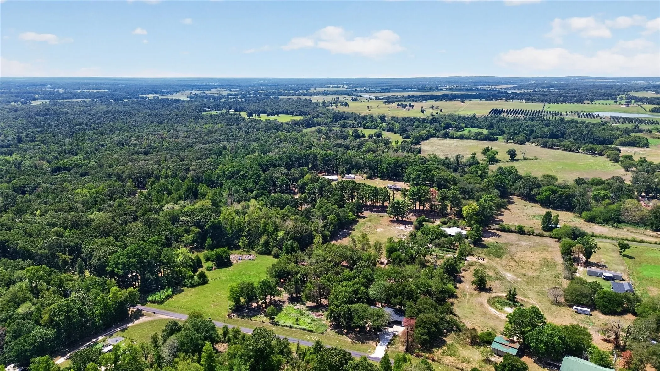 Expansive land parcel with surrounding wooded areas and open fields