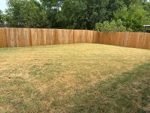 Expansive backyard with a full wood privacy fence and mature trees along the perimeter