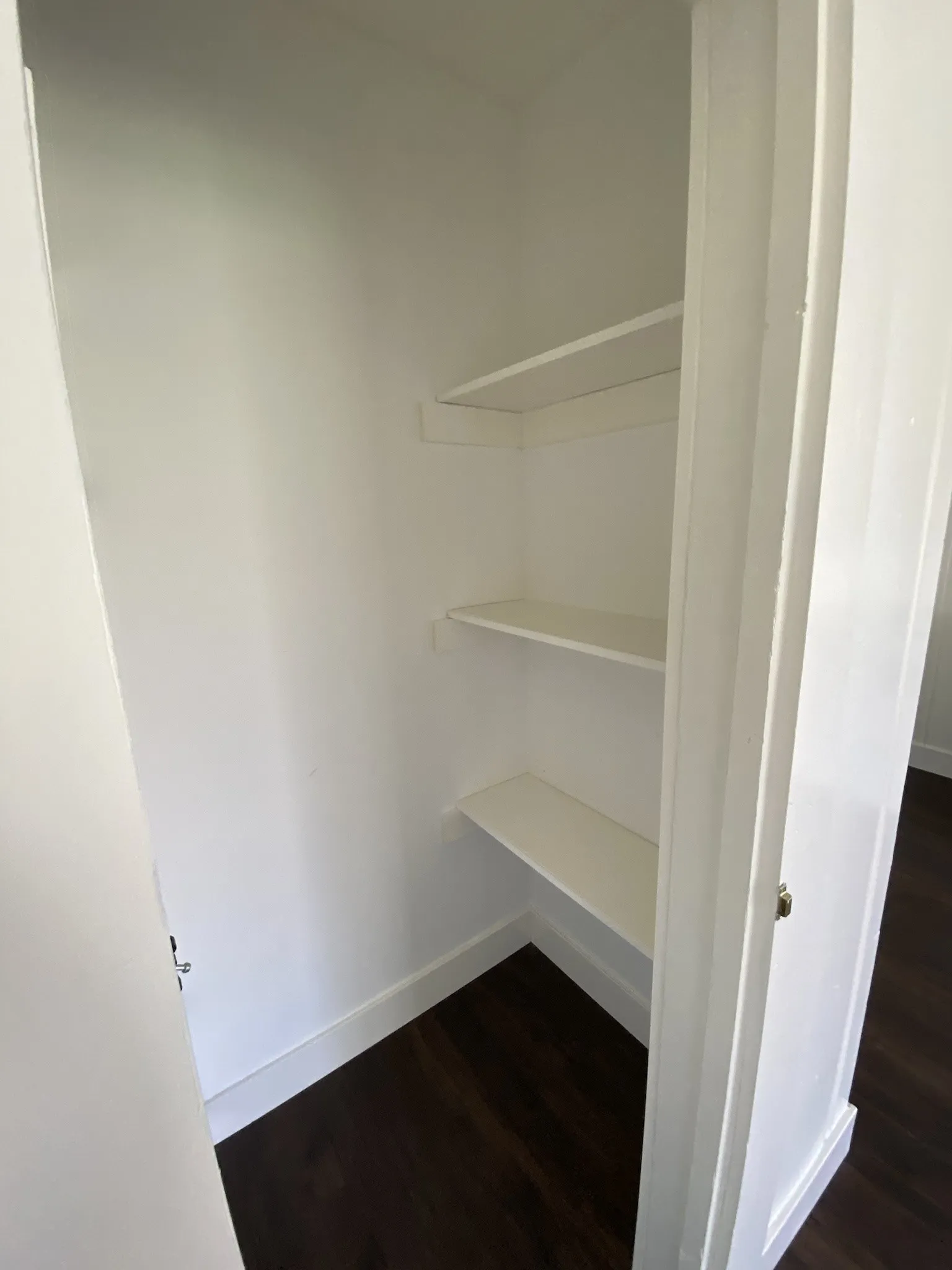 White shelving system with three levels, dark wood-finish flooring, and white walls