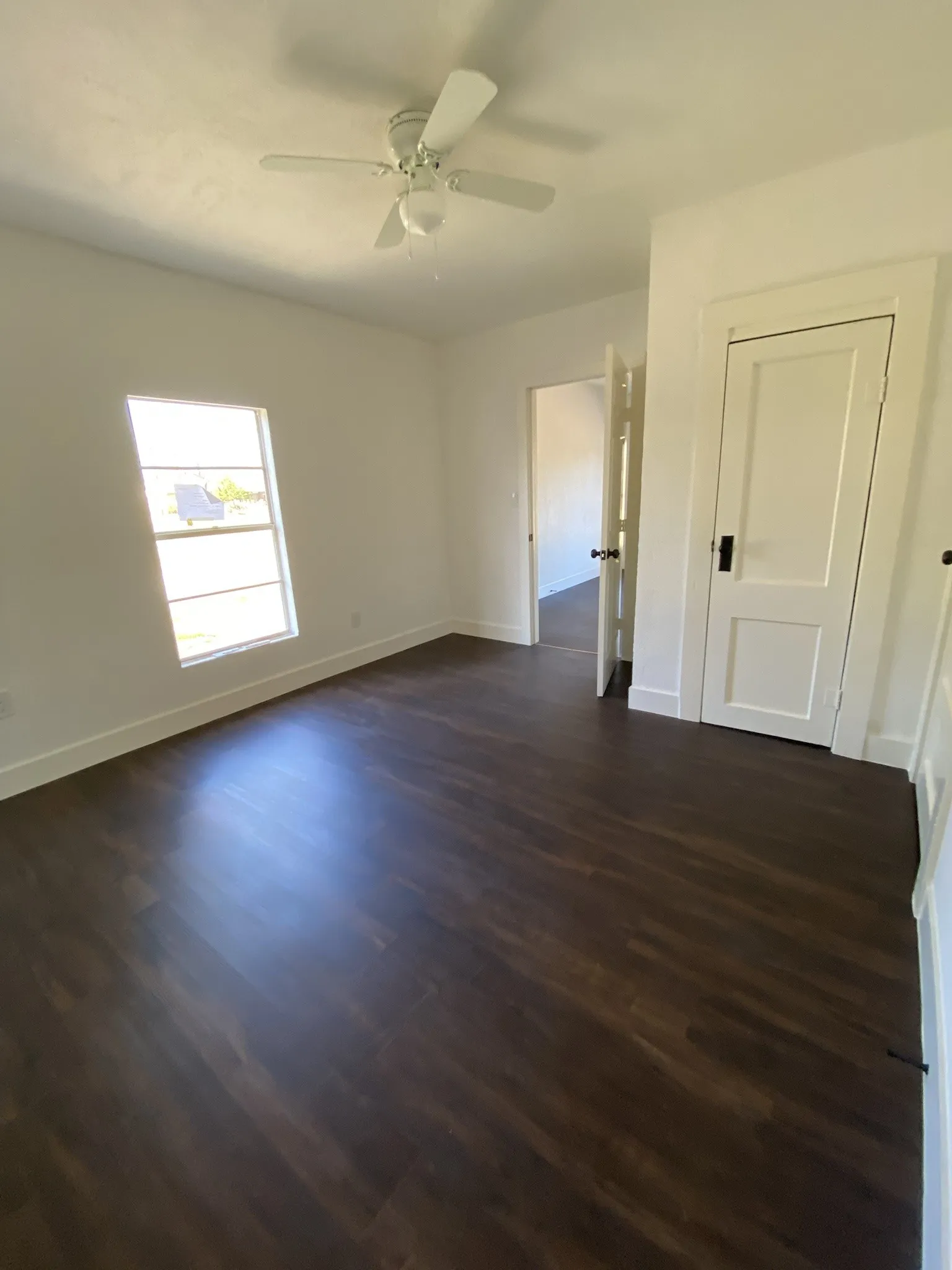 Dark wood-finish flooring, white walls, ceiling fan, and white trim throughout