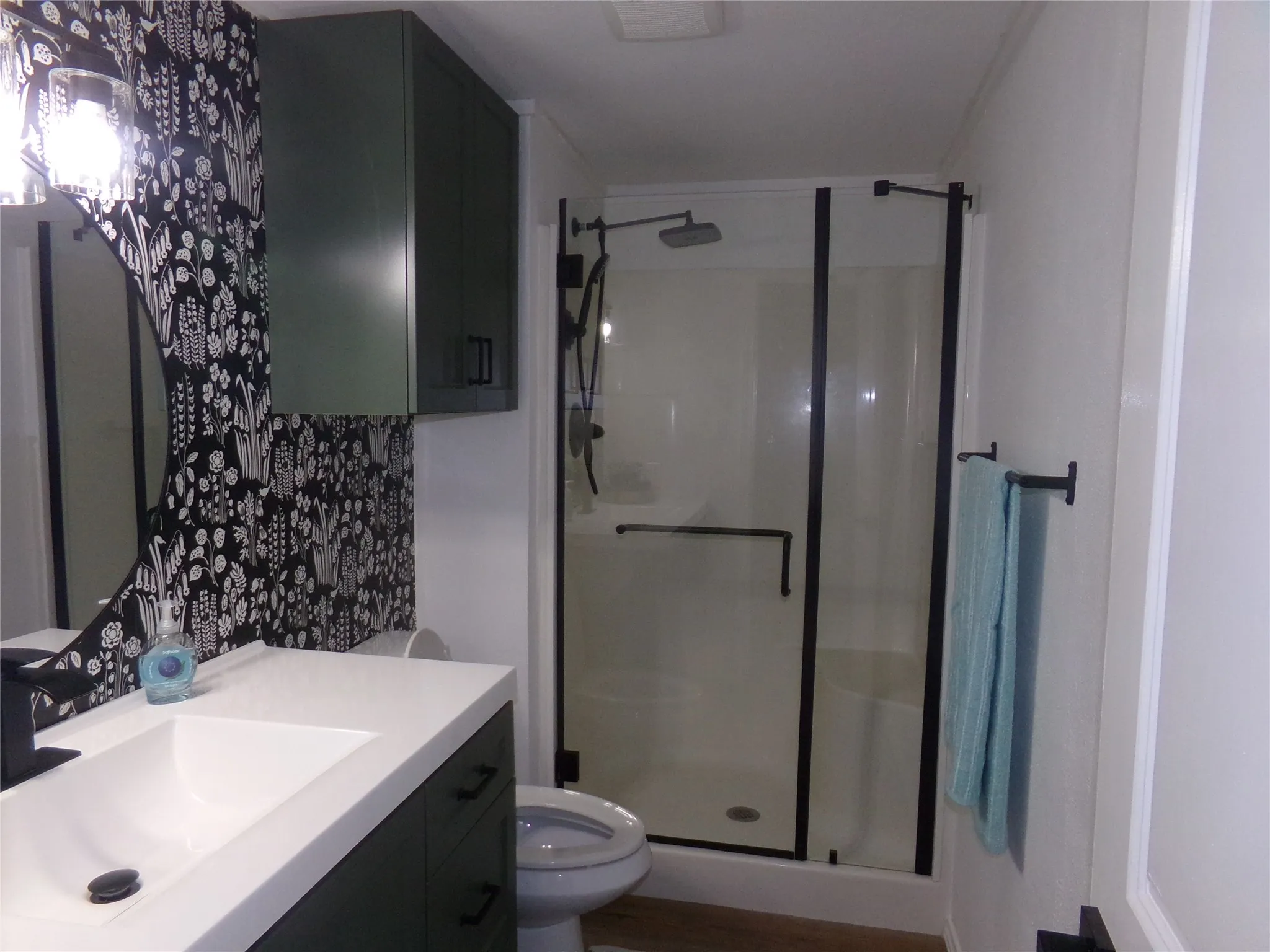 New vanity, faucets walk in shower with glass door