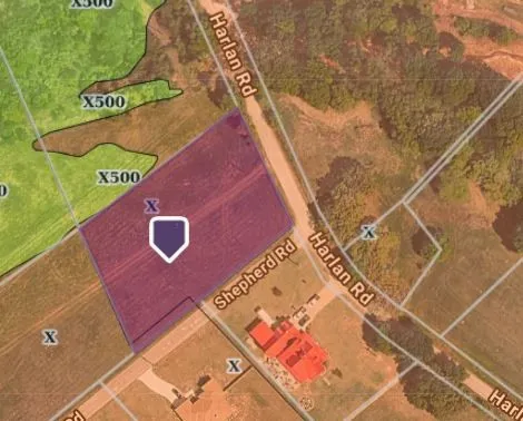 Flood Map View.  Illustrating the location of the property relative to named roads and surrounding parcels and Flood Map