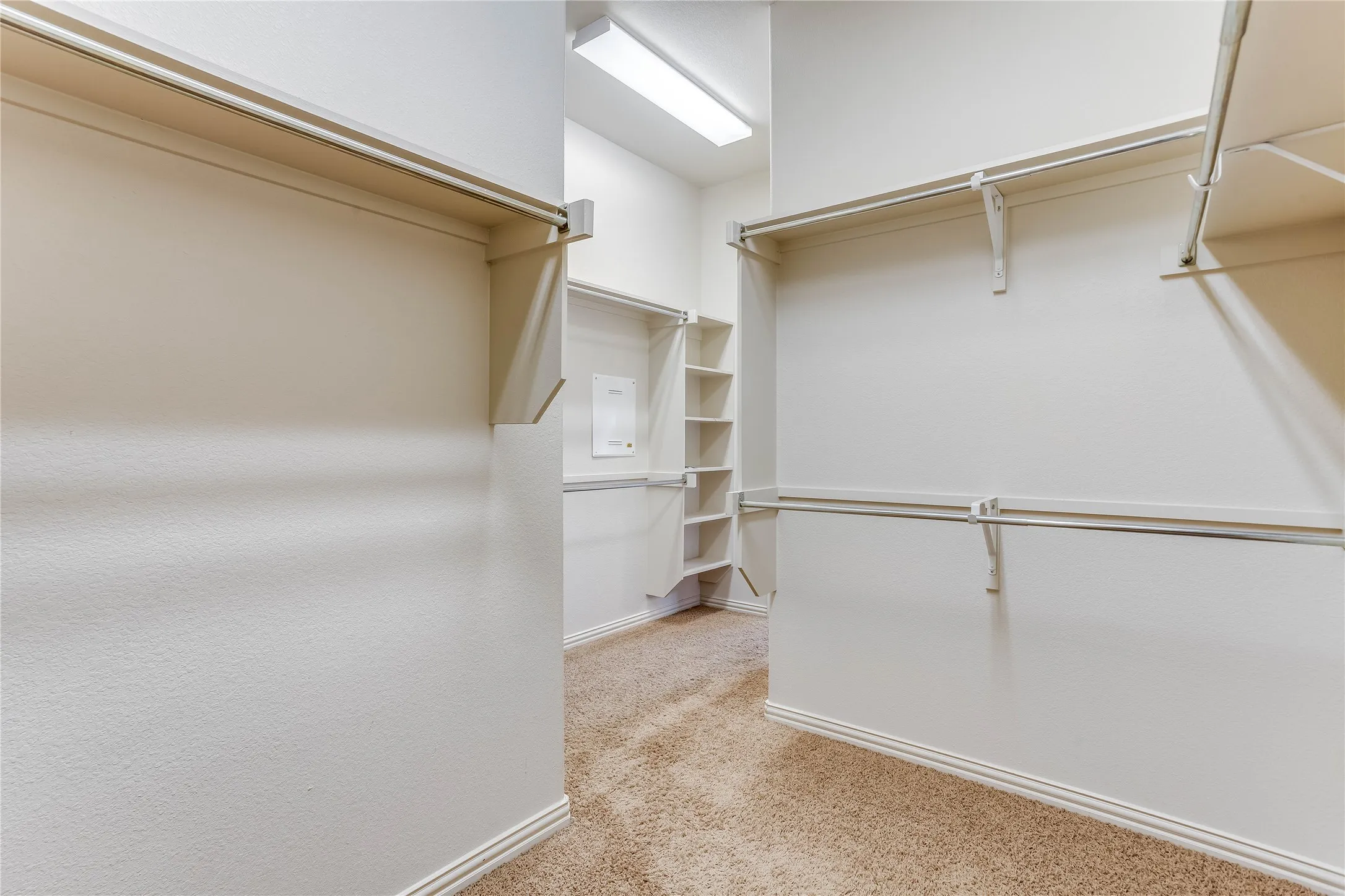 Spacious walk-in closet with built-in shelving, hanging rods, and neutral-toned carpeting