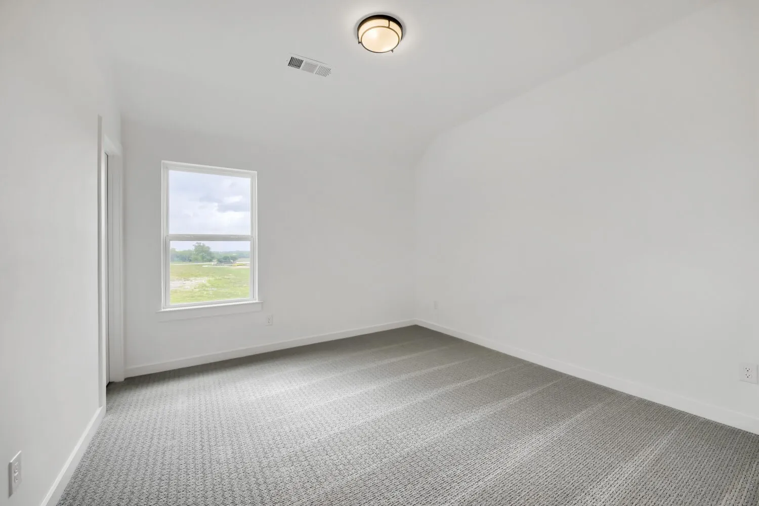 Neutral wall paint, ceiling-mounted light fixture, white window trim, and patterned carpet flooring