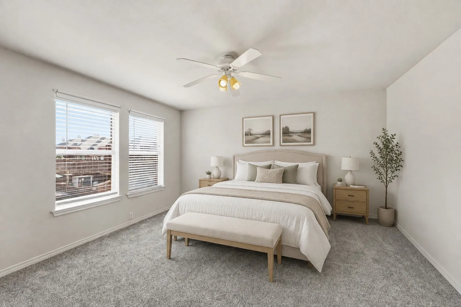 *Virtually staged* Spacious primary bedroom with fresh paint, new carpet, and plenty of natural light.