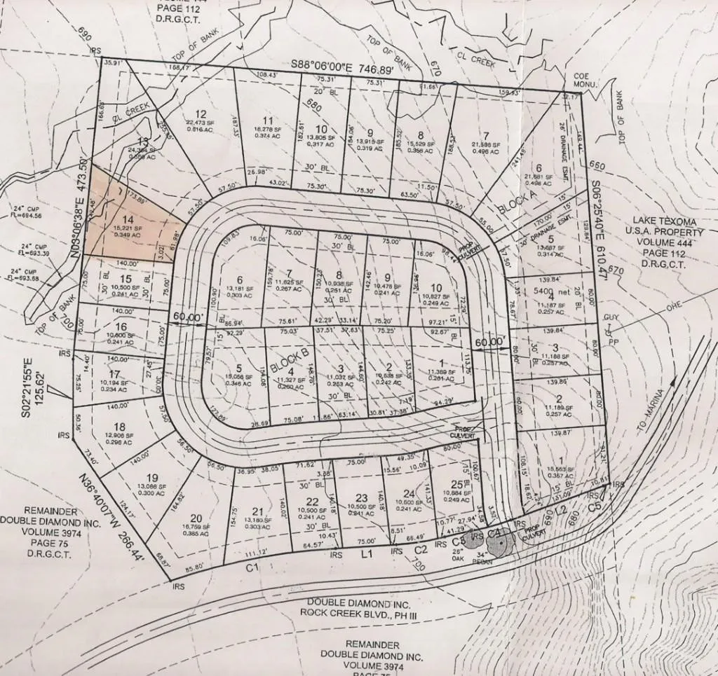 Survey Plat. Illustrating property boundaries, lot divisions, and topographical features