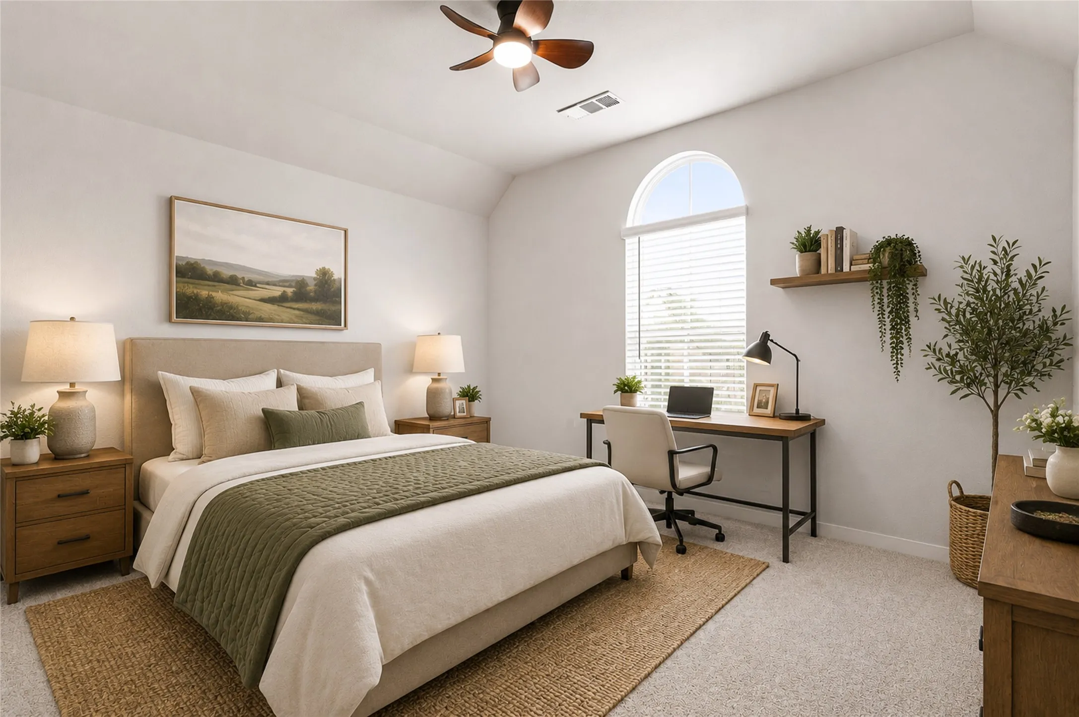 Arched window with blinds, vaulted ceiling, ceiling fan, carpeted flooring, and a built-in floating shelf virtual staged