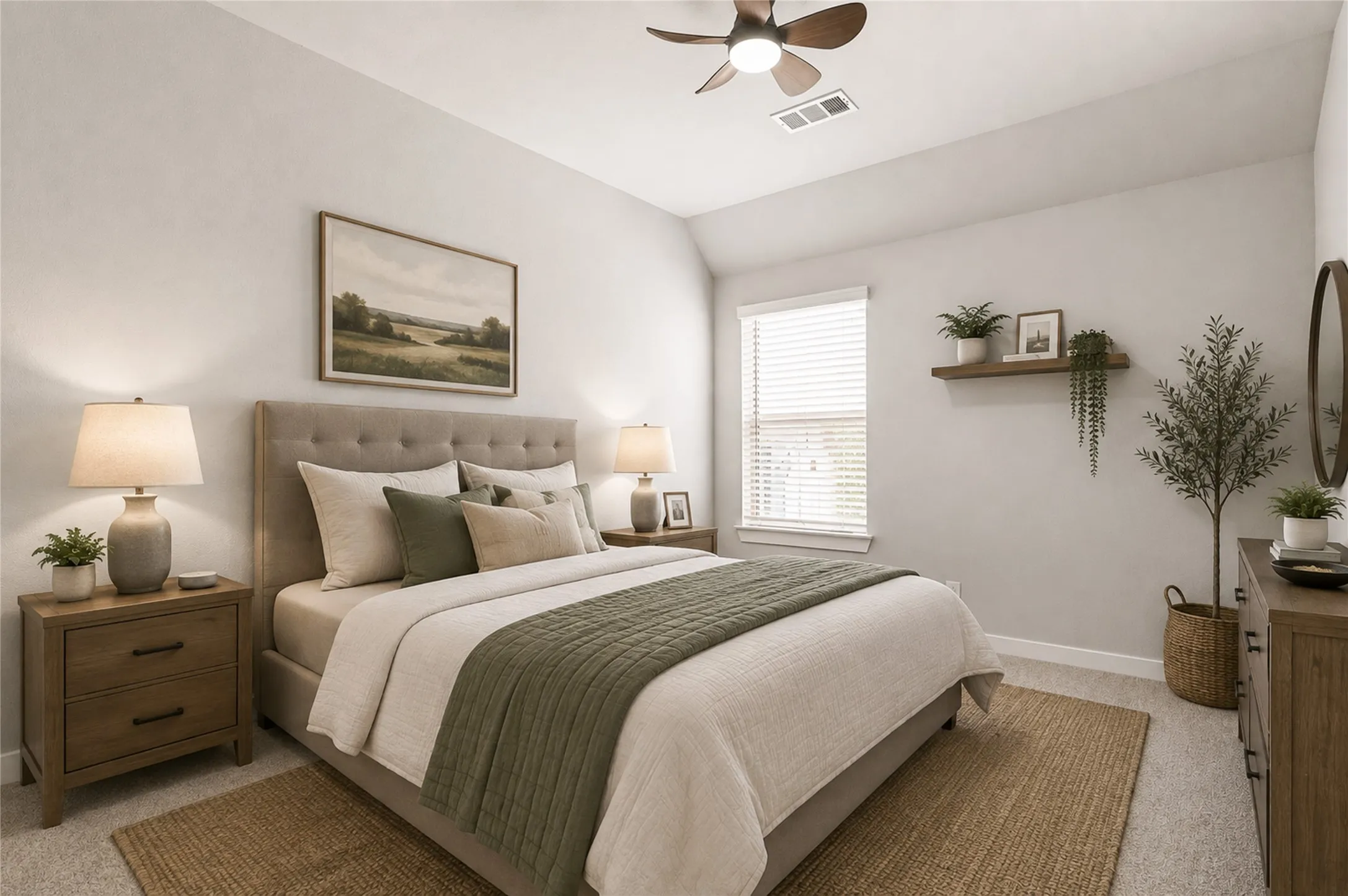 Recessed lighting, wood-finish ceiling fan, window with blinds, light gray wall paint, and gray carpet flooring virtual staged