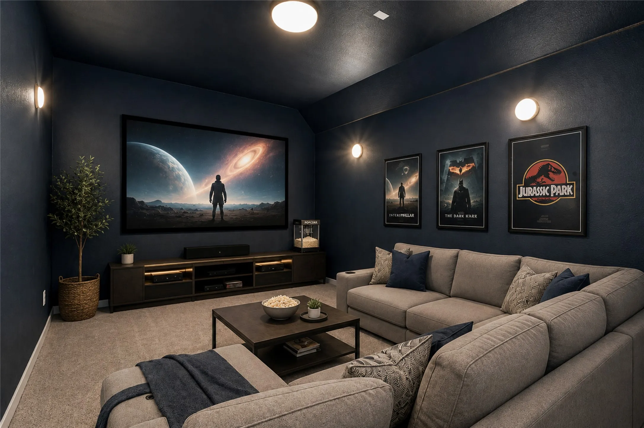 Integrated projection screen, built-in entertainment console, recessed  lighting, wall sconces, and carpeting virtual staged
