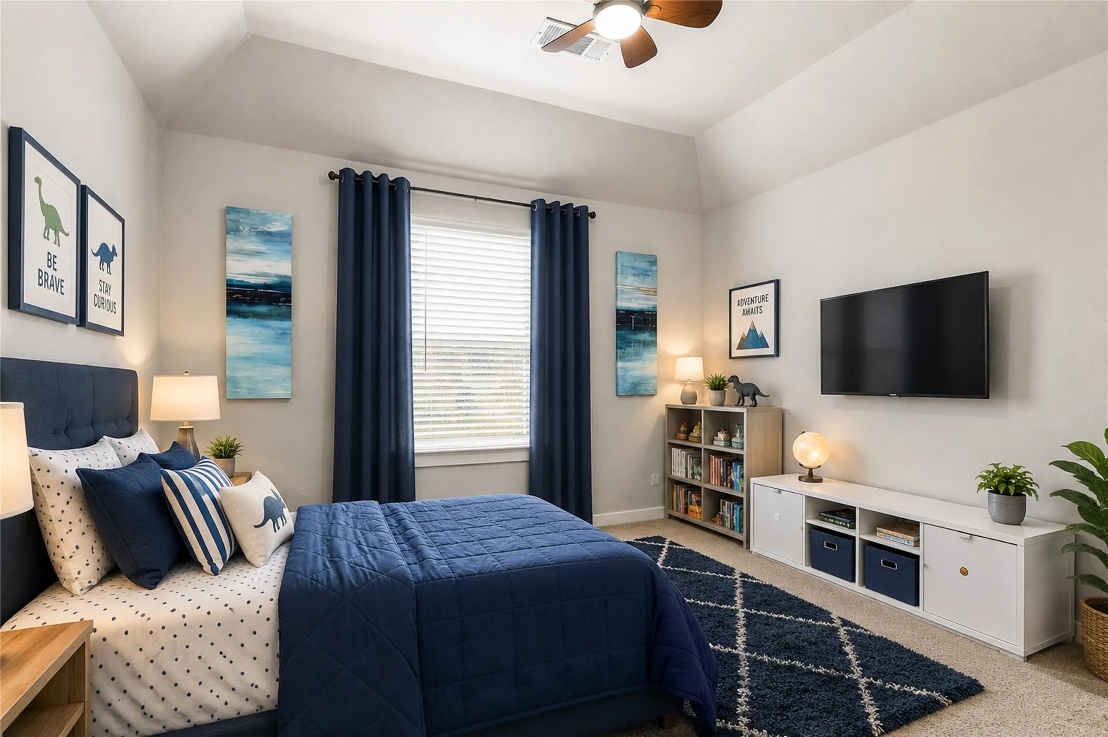 Tray ceiling, window with blinds, ceiling fan, wall-mounted television, and carpeted flooring virtual staged