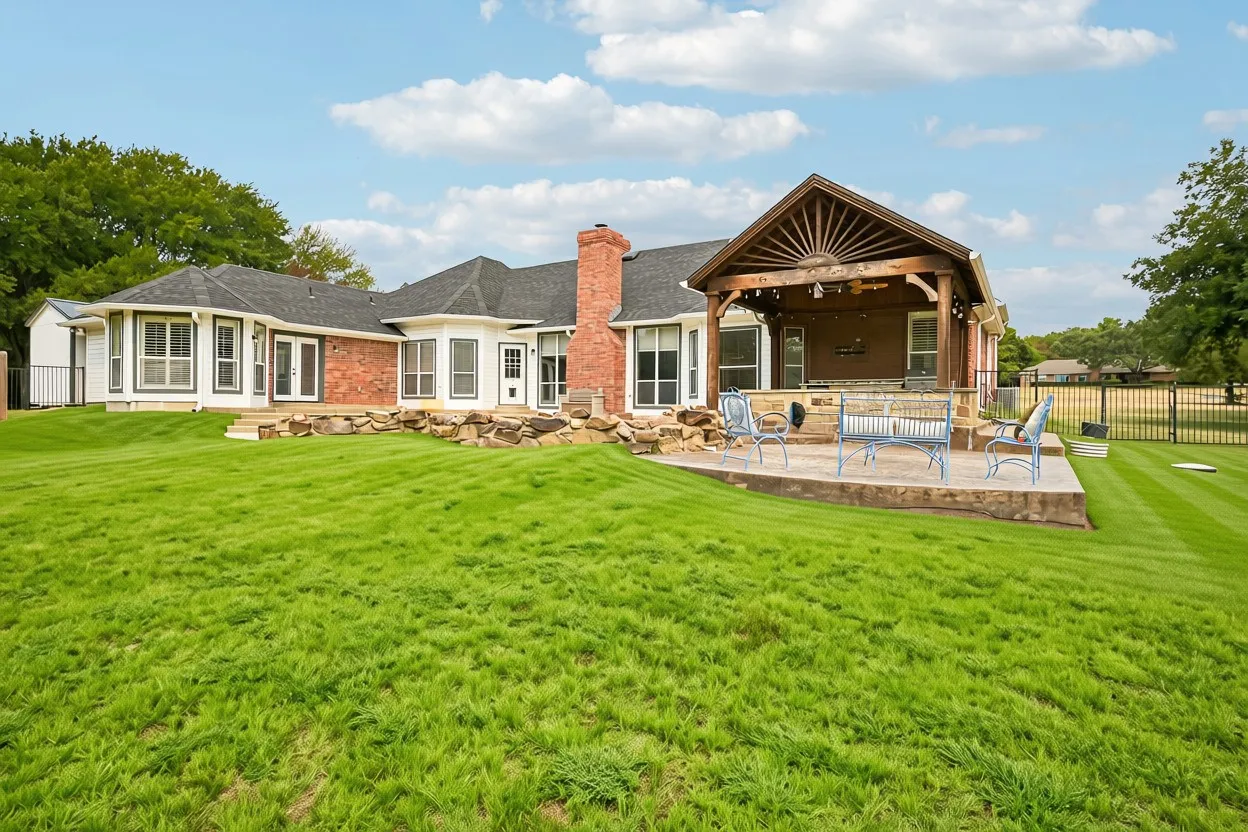 Expansive manicured lawn anchors this residence, featuring mature tree-lined perimeter and white vinyl fencing